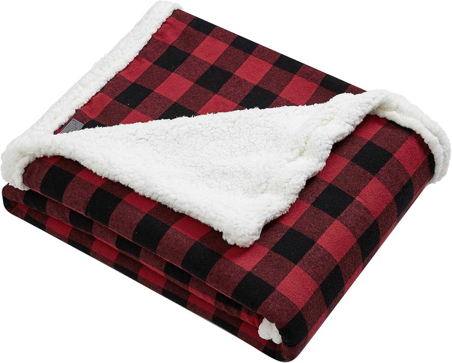 Eddie Bauer Cabin Plaid Black Sherpa 2 Piece Throw Blanket and Pillow Set