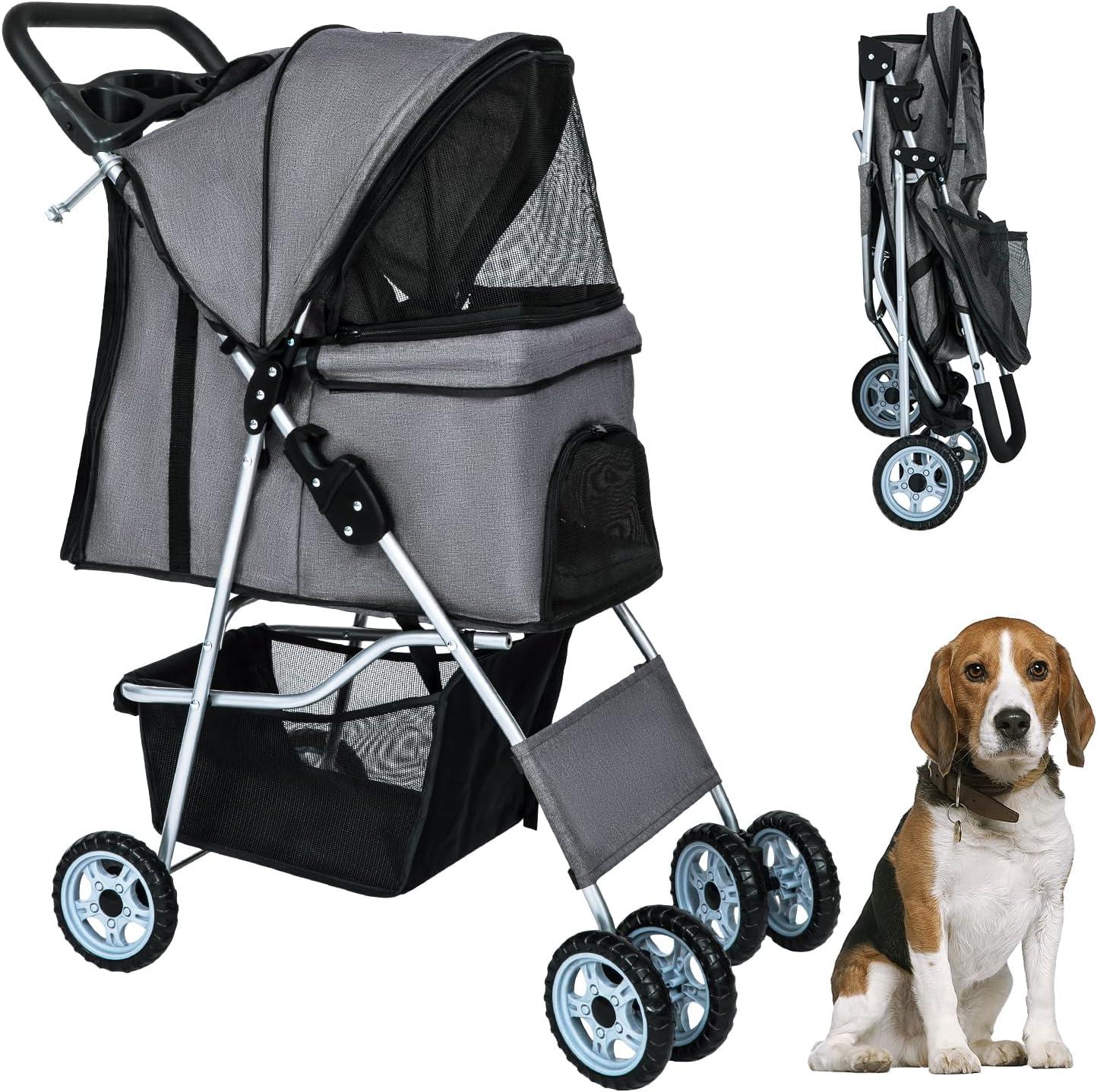 CL.HPAHKL 4 Wheels Pet Stroller, Dog Cat Jogger Stroller for Medium Small Dogs Cats Folding Lightweight Travel Stroller with Cup Holder, Gray