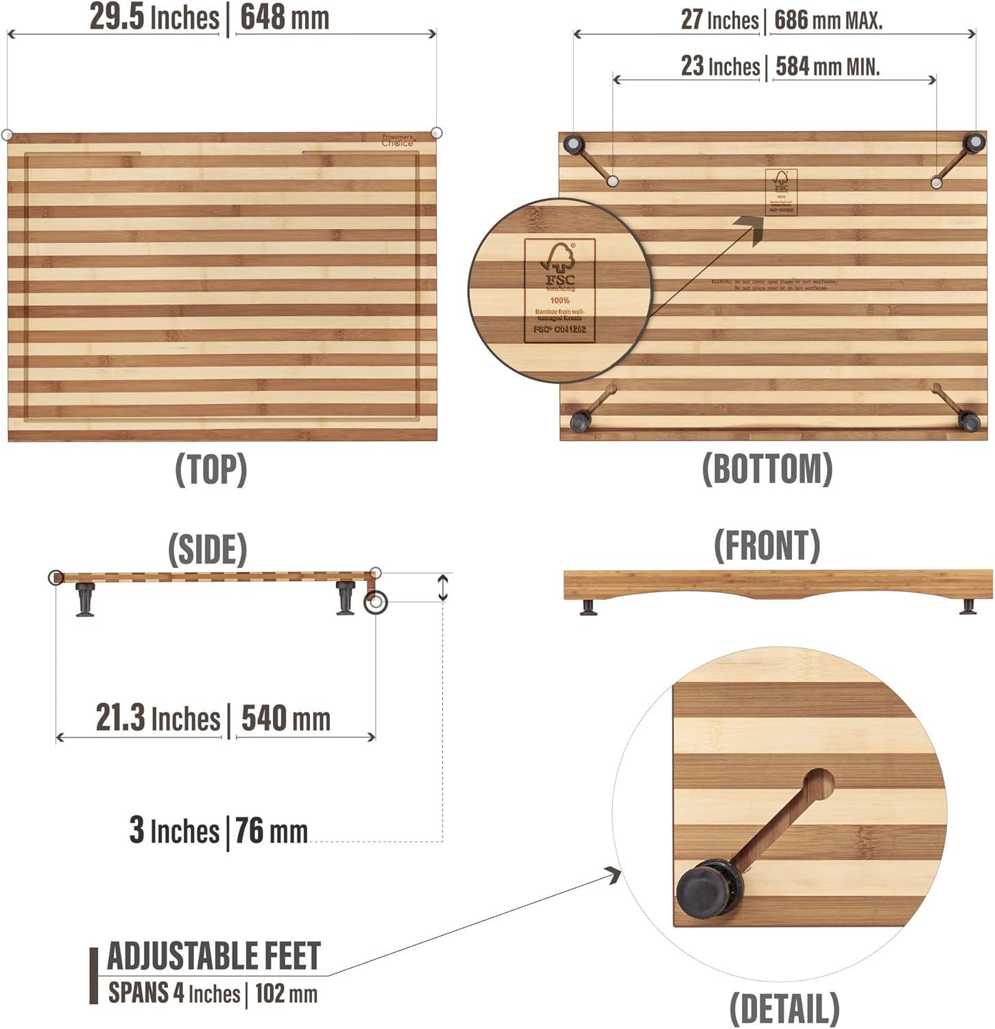 Prosumer's Choice Bamboo Stovetop Cover Cutting Board with Adjustable Legs - Large Size