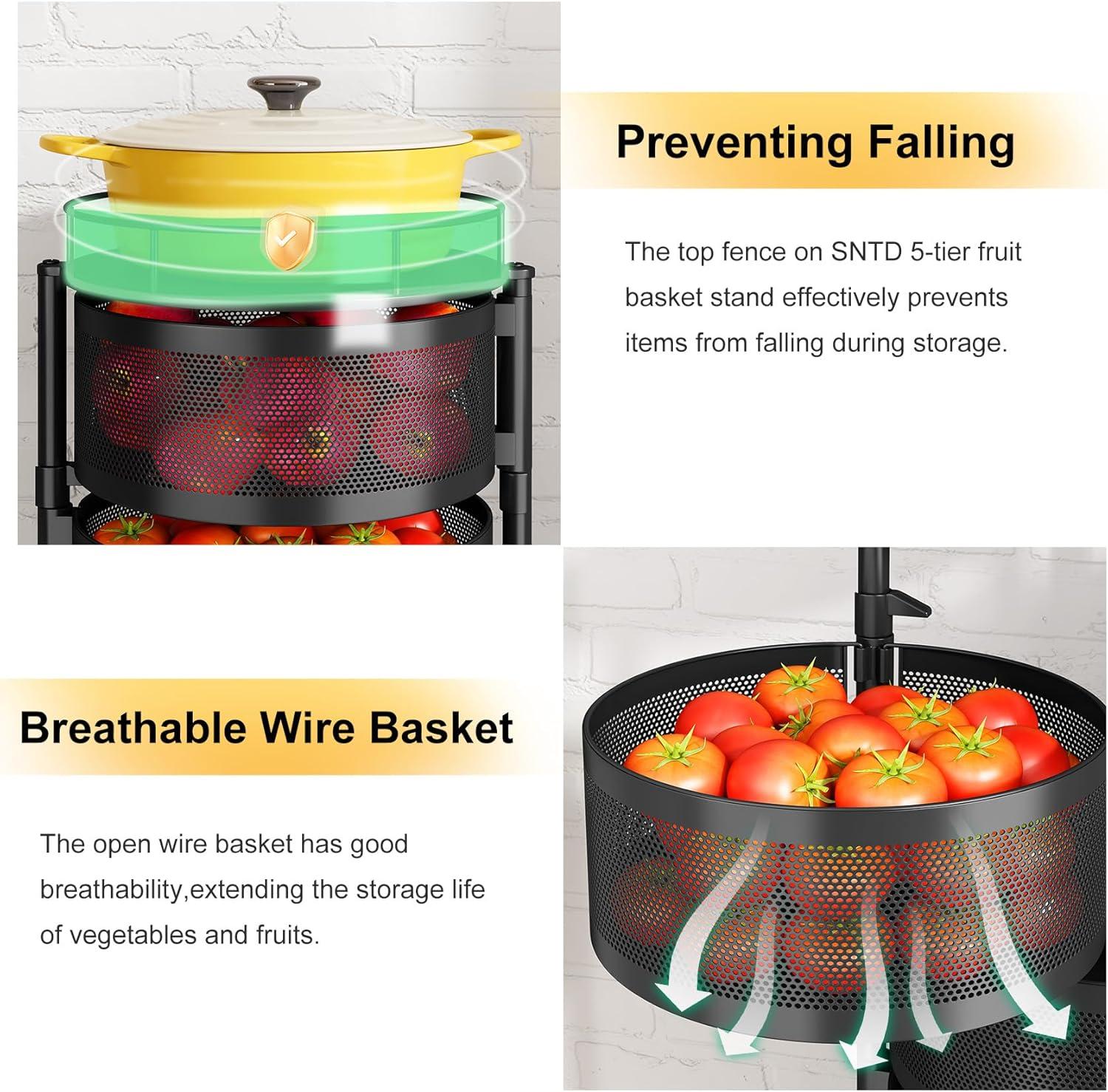 Fruit and Vegetable Basket Bowls for Kitchen with Metal Top Lid,  5 Tier Rotating Storage Rack Cart for Potato Onion Bread Banana, Wire Basket Organizer on Wheels, Large, Black