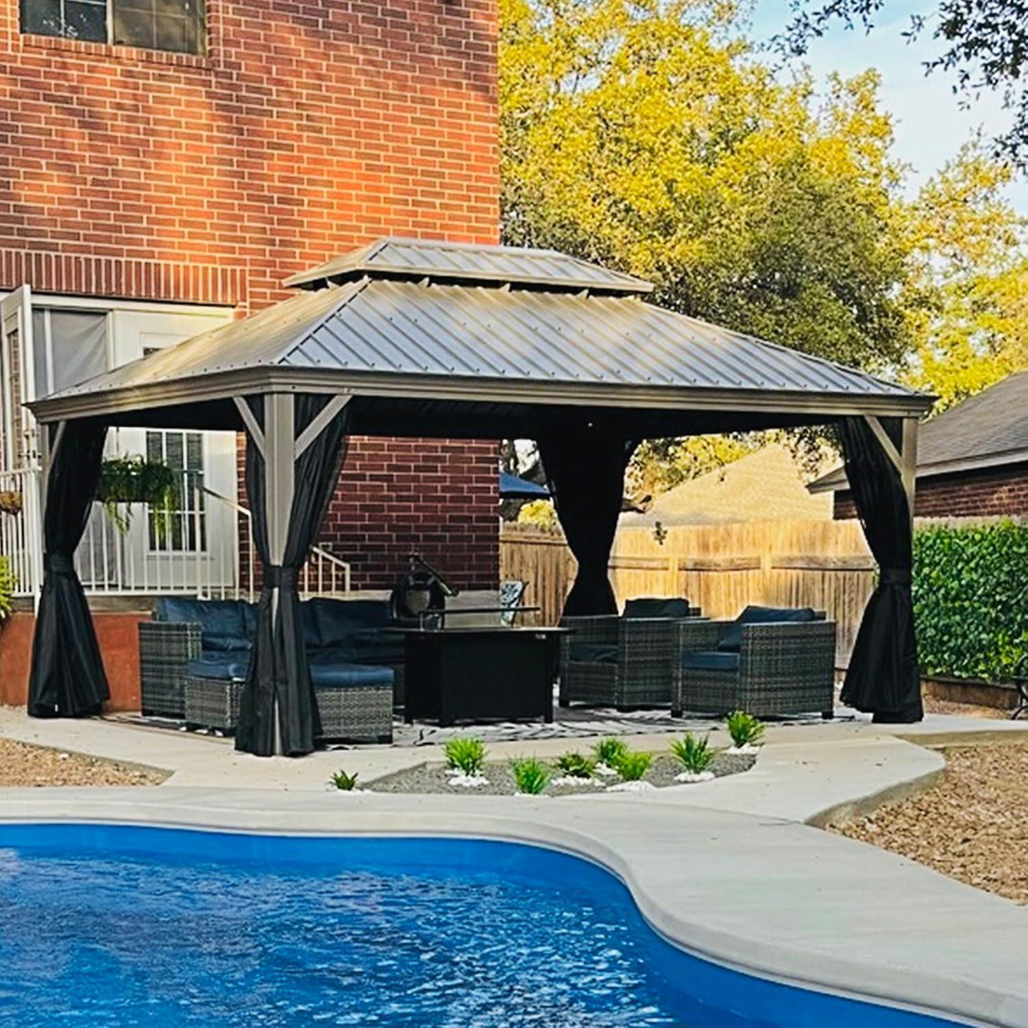 PURPLE LEAF 12' X 16' Hardtop Aluminum Gazebo with Netting and Curtains Heavy Duty Permanent Gazebo with Double Metal Roof for Patio Deck Lawn Garden All Weather Outdoor Pavilion Gazebos, Light Grey