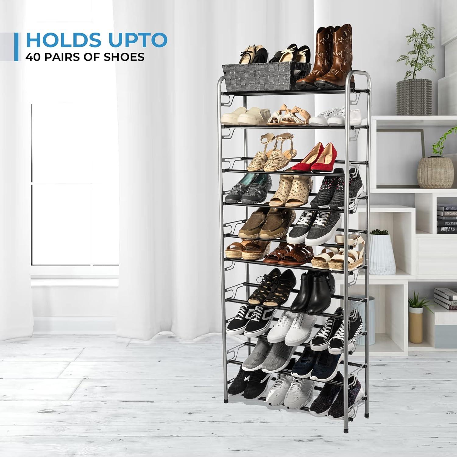 Tall Silver and Black Metal 10-Tier Shoe Rack