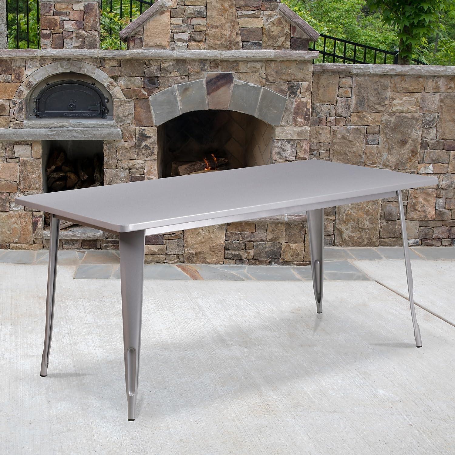 Silver Rectangular Metal Indoor-Outdoor Dining Table