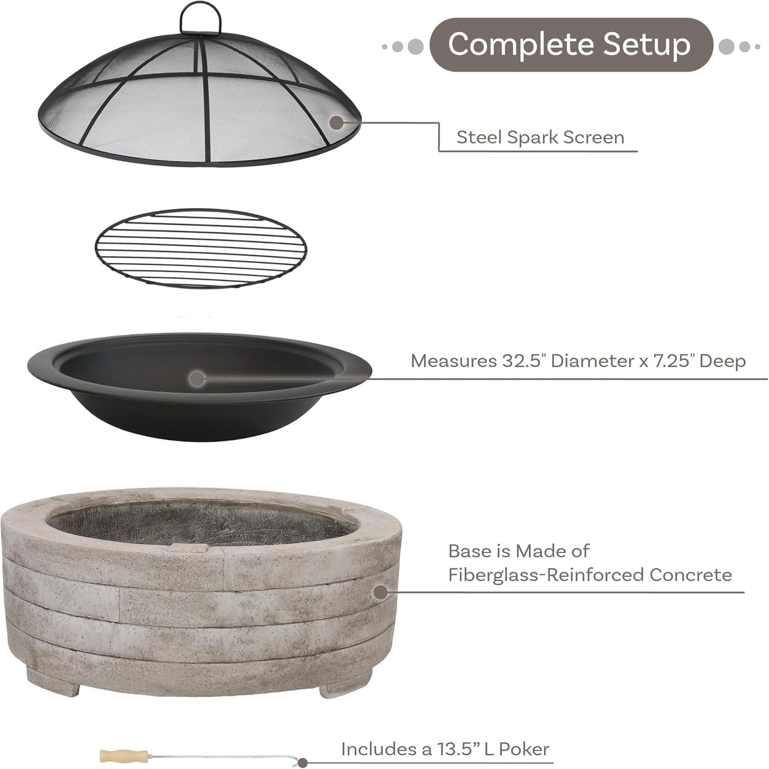 Sunnydaze Outdoor Large Round Faux Stone Fire Pit with Handles, Log Poker, and Spark Screen - 35" - Gray