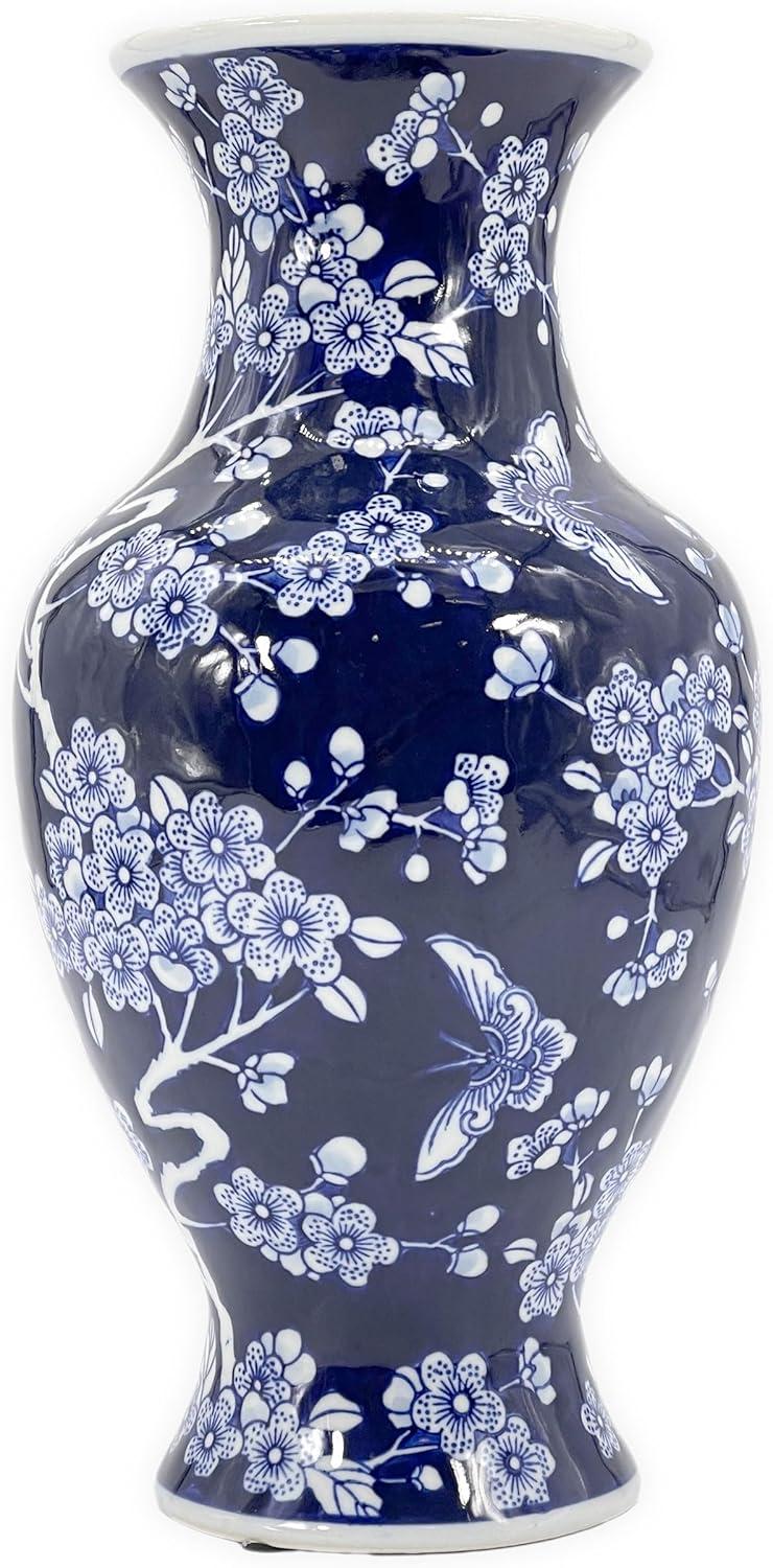 Dark Blue Floral Chinoiserie Ceramic Vase with White Accents