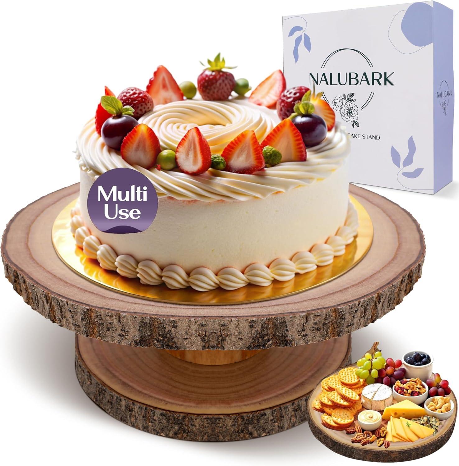 Wooden Cake Stand Rustic, 10-11 inch Multifunctional 2-in-1 Wedding Rustic Cake Stand, Wood Display Tray for Appetizers, Desserts, Charcuterie Board, Farmhouse Tree Stump Style, Sturdy, Easy to Clean