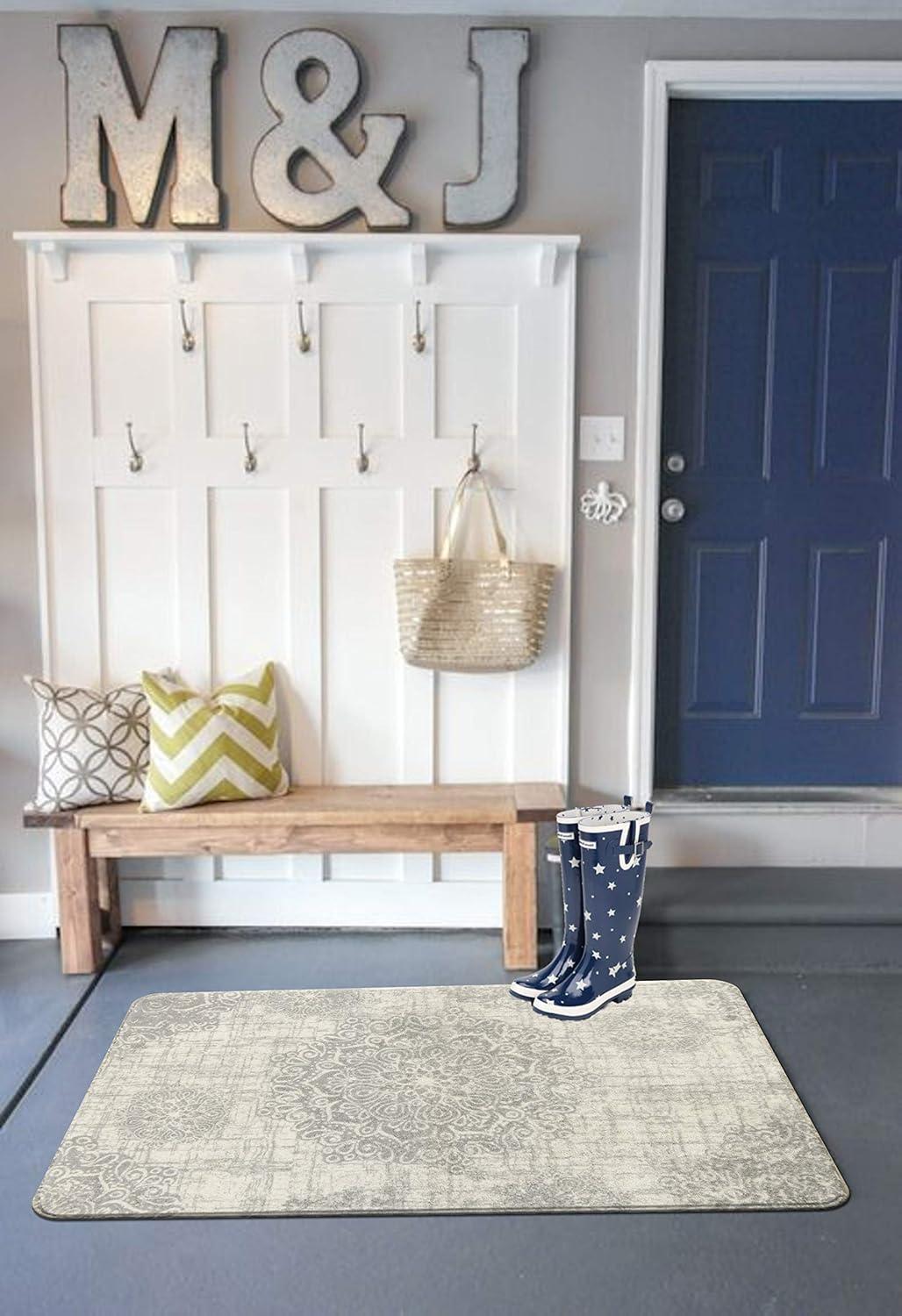 Vintage Medallion Entryway Rug - 2x3 Non Slip Washable Kitchen Rugs Small Area Rug Door Mat Indoor Entrance, Throw Ultra-Thin Rugs for Bathroom Laundry Room Bedroom Decor (2‘ X 3‘, Gray)
