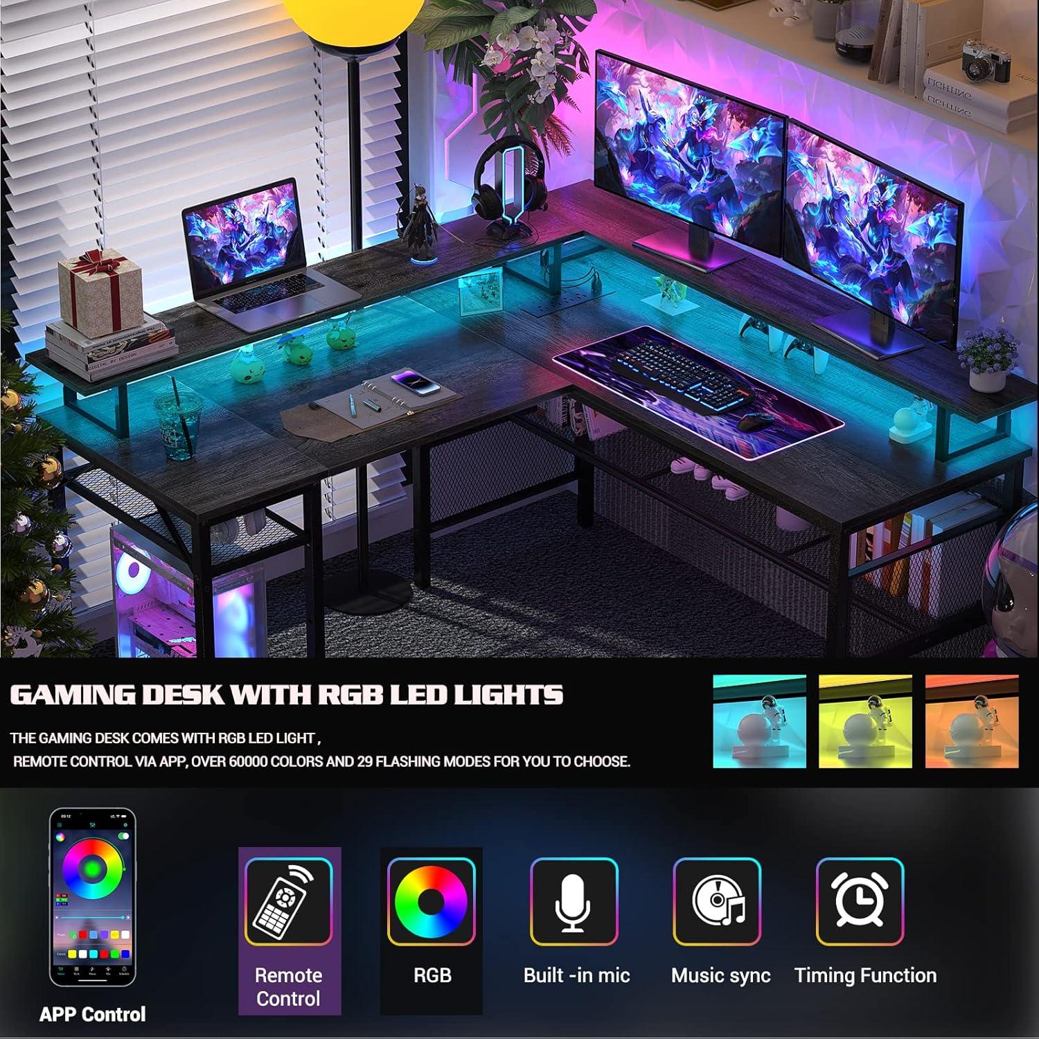 Unikito Reversible L Shaped Desk with Power Outlets and RGB LED Light, Sturdy Computer Desk with Ergonomic Monitor Stand and Storage Shelves, Corner Desk for Home Office, Easy Assembly, Black Oak