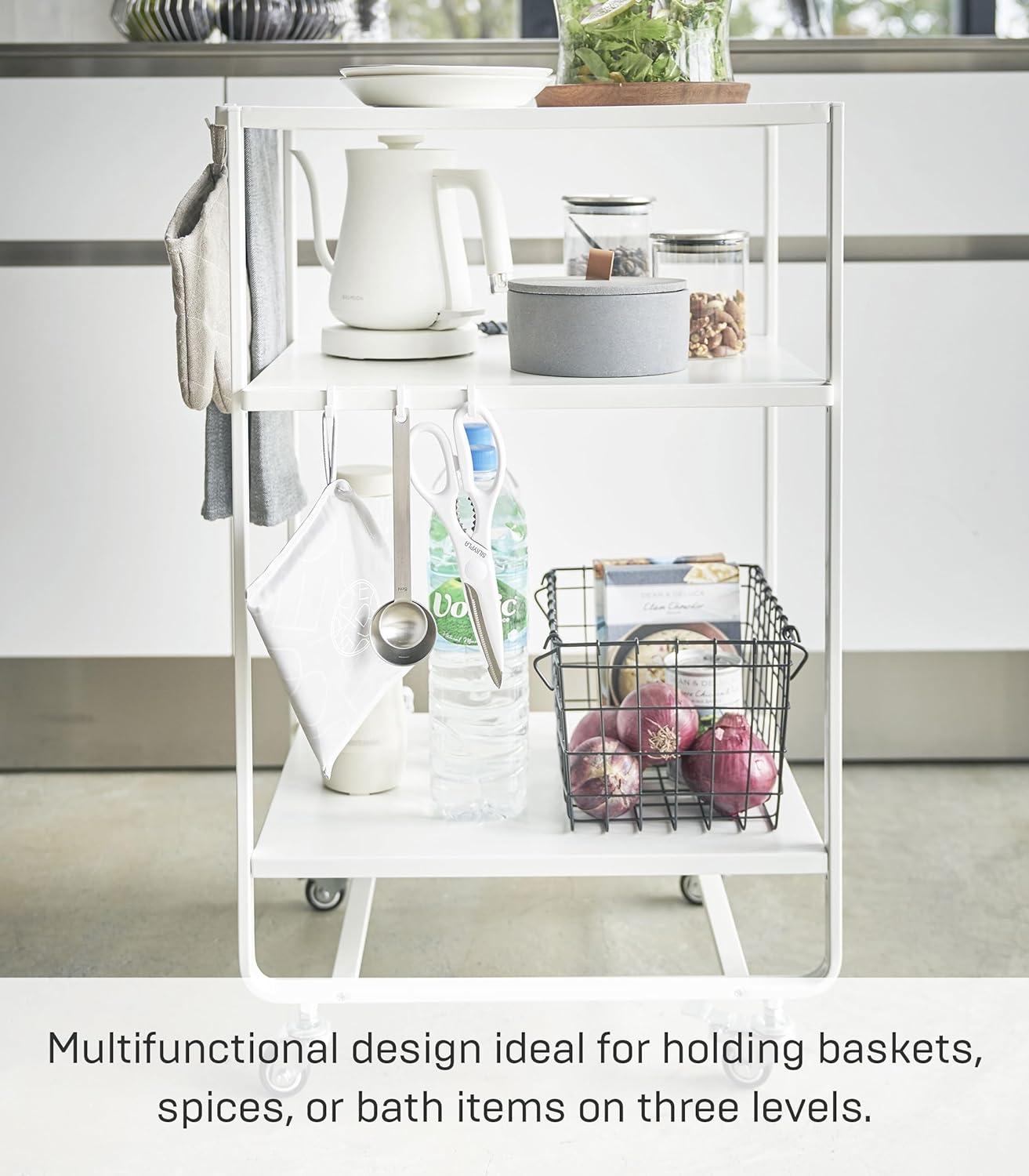 Sleek White 3-Tier Rolling Kitchen Cart with Storage Hooks