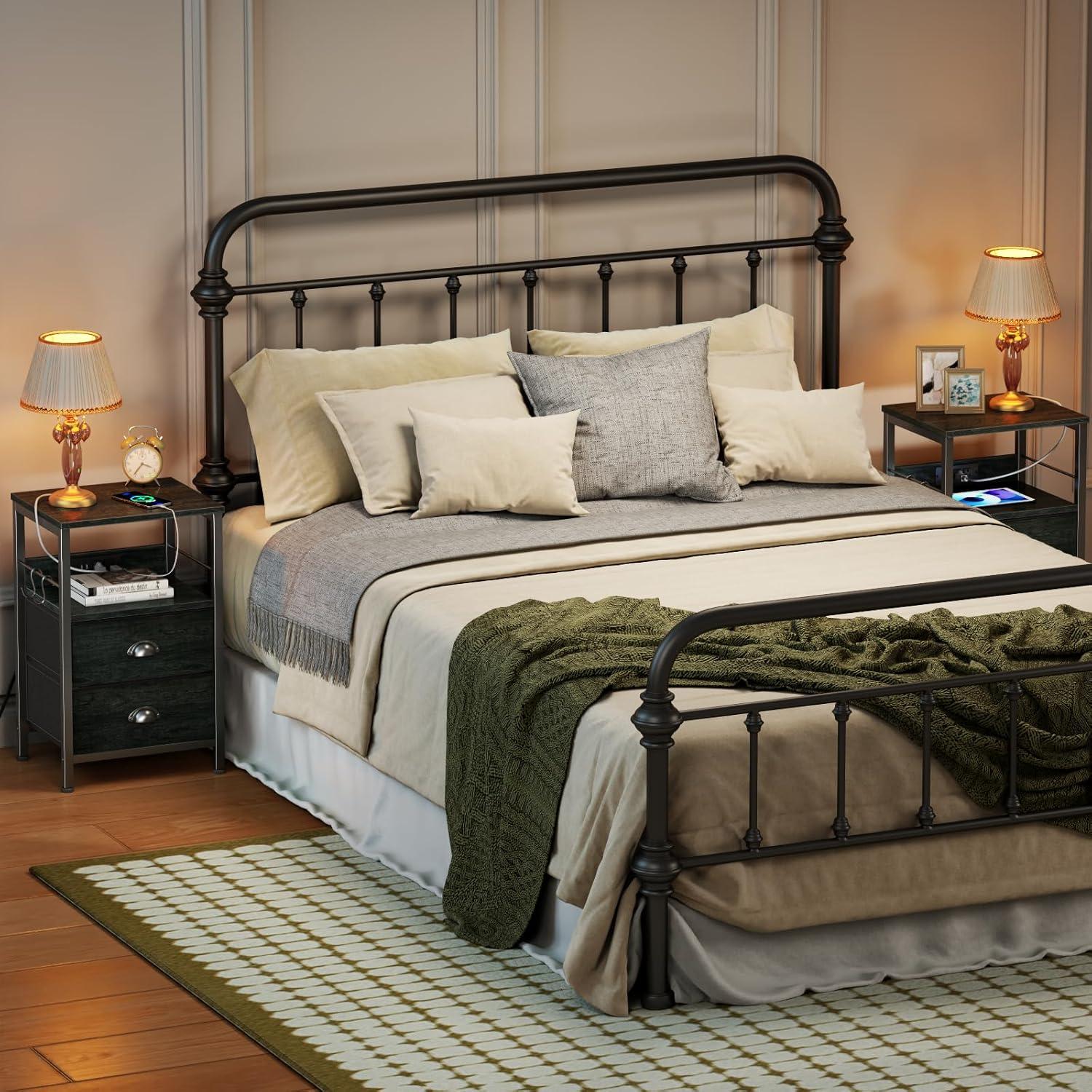 Furologee Nightstands Set 2, End Tables with 2 Fabric Drawers, Bedside Tables with Hooks and Shelf, Side Tables for Bedroom/Living Room/Study/Black Oak