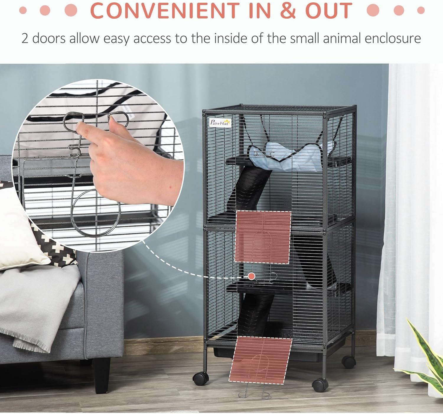 Gray Rolling Metal Small Animal Cage with Hammock and Platforms