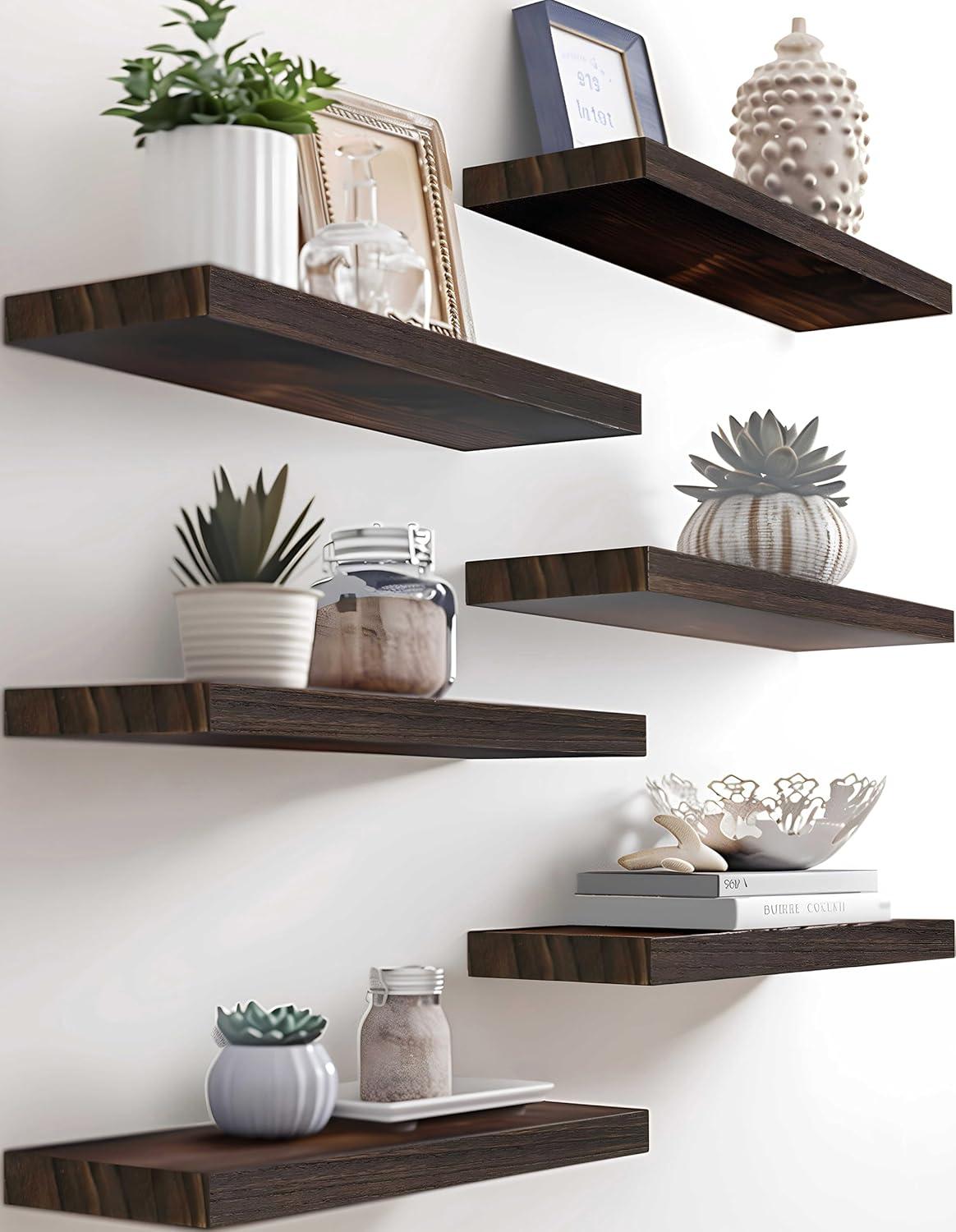 Brown Wood Floating Wall Shelves Set of 6