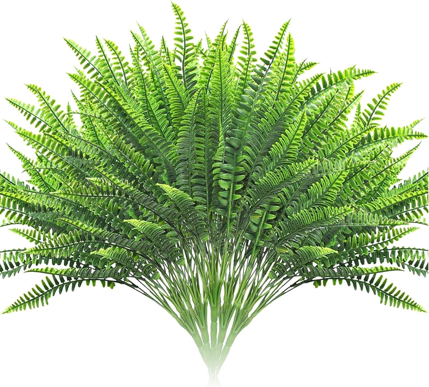 10 Bundles Green Artificial Boston Fern Shrubs for Indoor Outdoor Decor