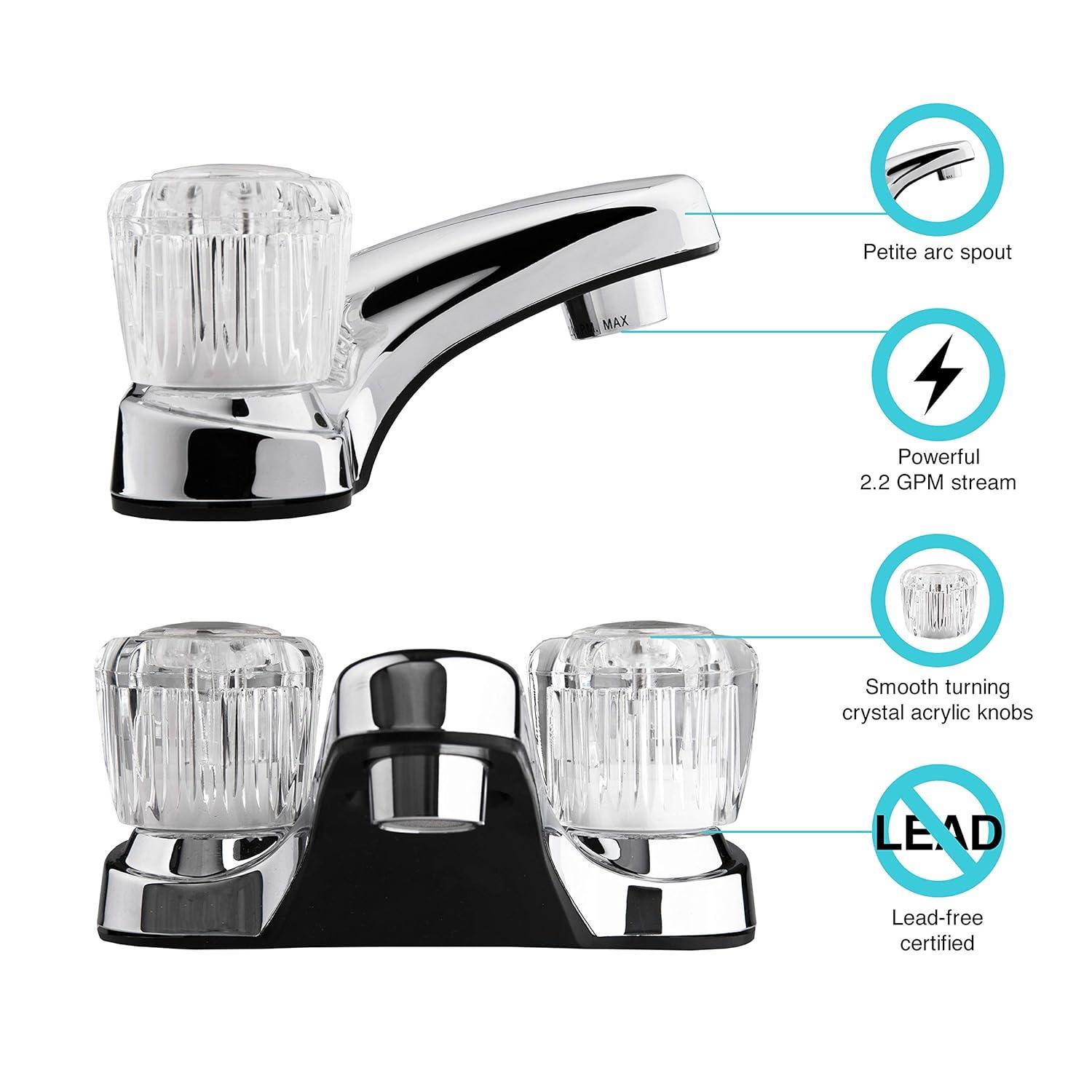 Dura Faucet Lavatory Faucet with Crystal Acrylic Knobs for RV Bathroom - Chrome Polished
