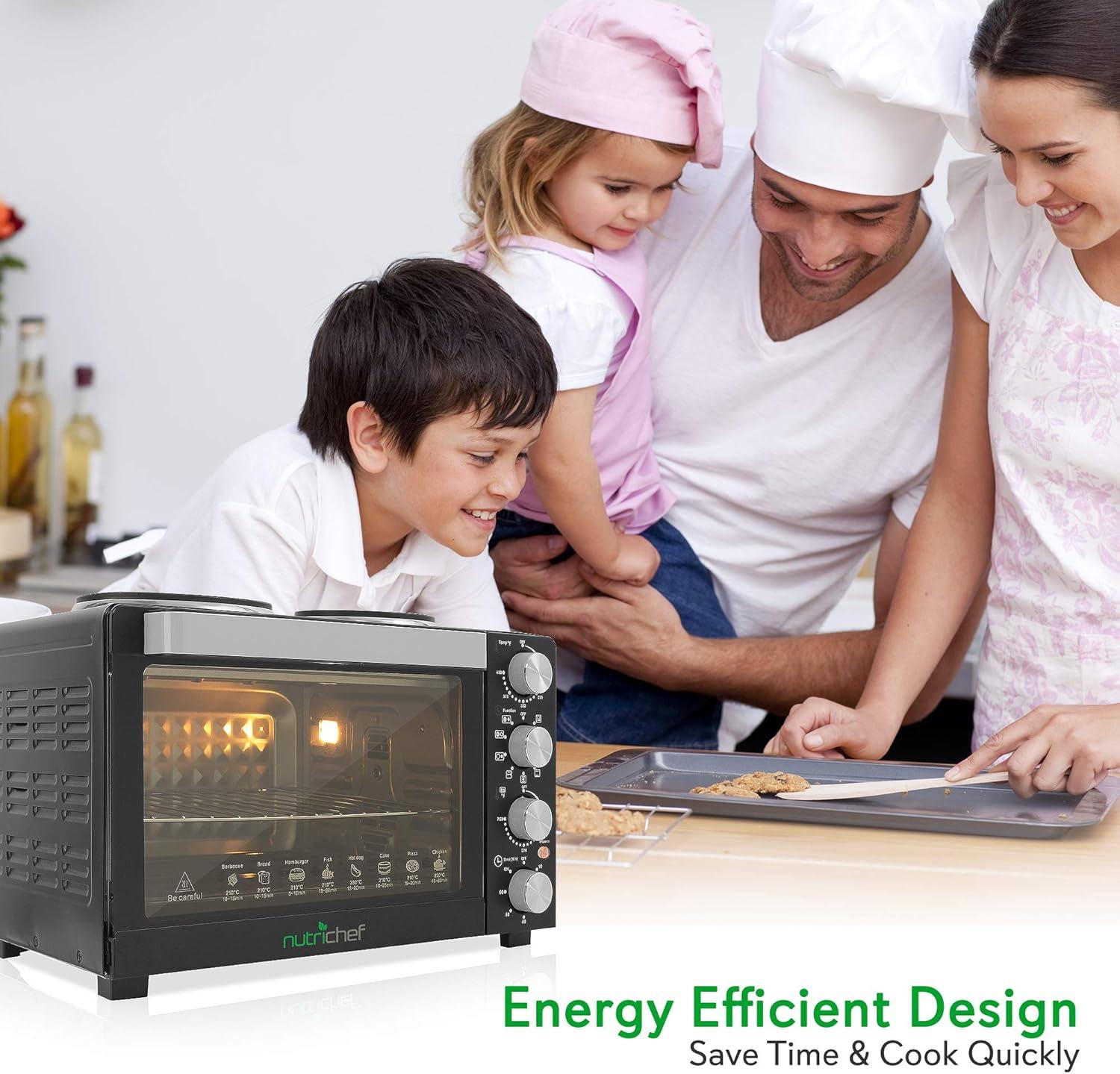 NutriChef 30+ Quart Countertop Convection Oven Cooker - 1500W Heating, Rotisserie, Dual Hot Plates, 120V - Black