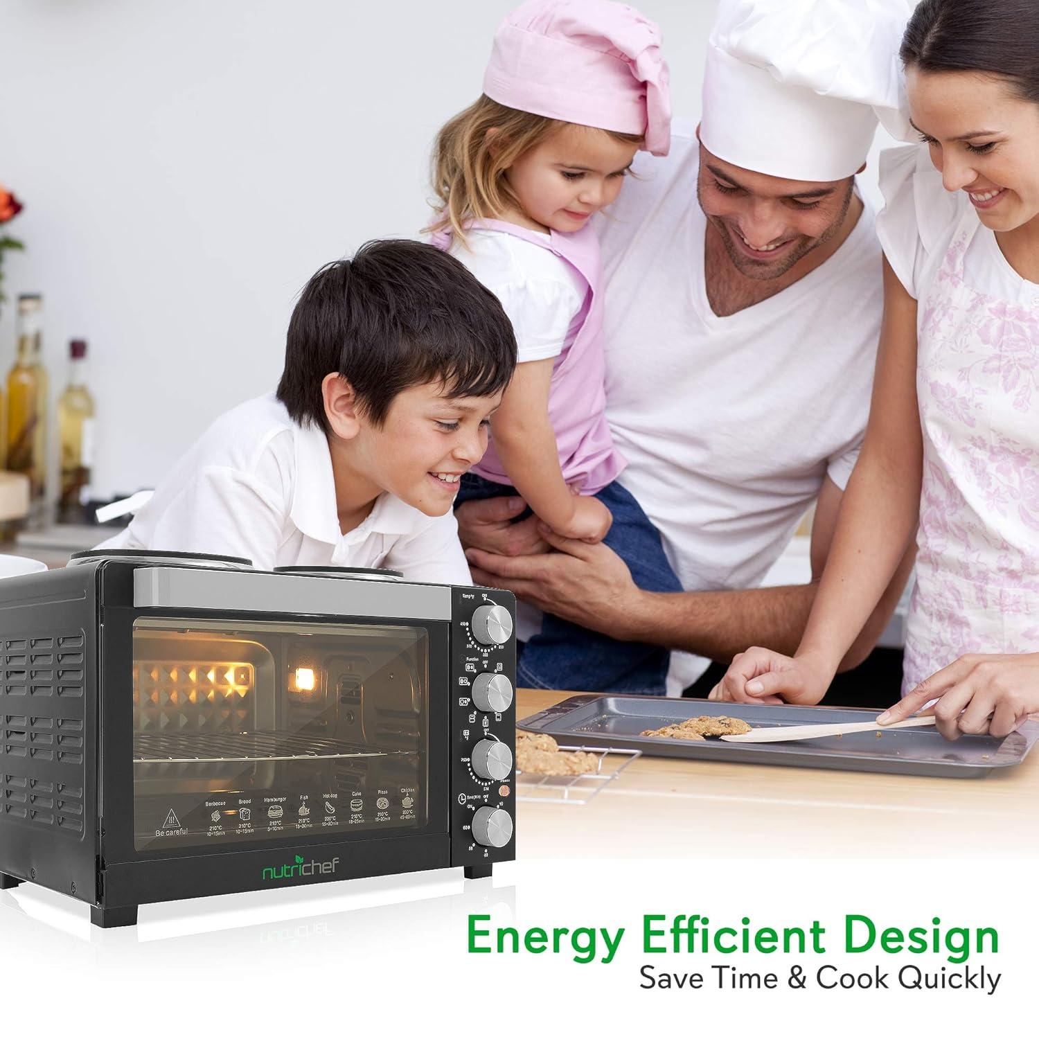 NutriChef 30+ Quart Countertop Convection Oven Cooker - 1500W Heating, Rotisserie, Dual Hot Plates, 120V - Black