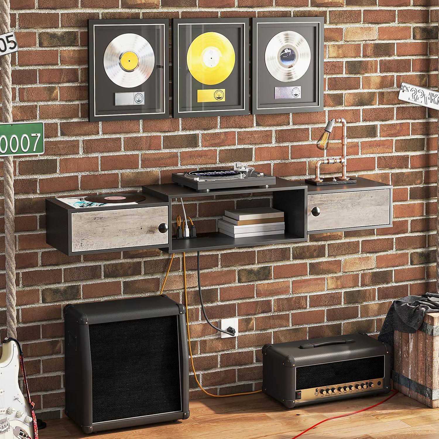 Floating TV Stand with Power Outlet 55", Modern Wall Mounted Media Console Shelf Cabinet for Under TV Storage, Entertainment Center, Living Room, Bedroom, Rustic Brown and Black BF11DS01