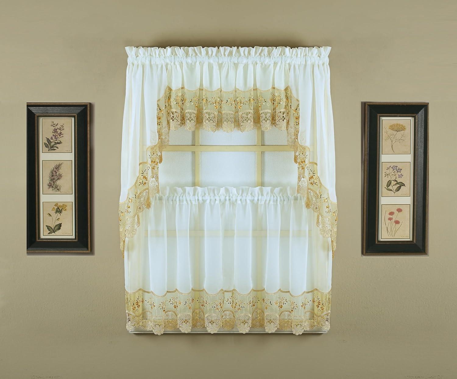 Ecru and Gold Floral Embroidered Sheer Valance 14" x 58"