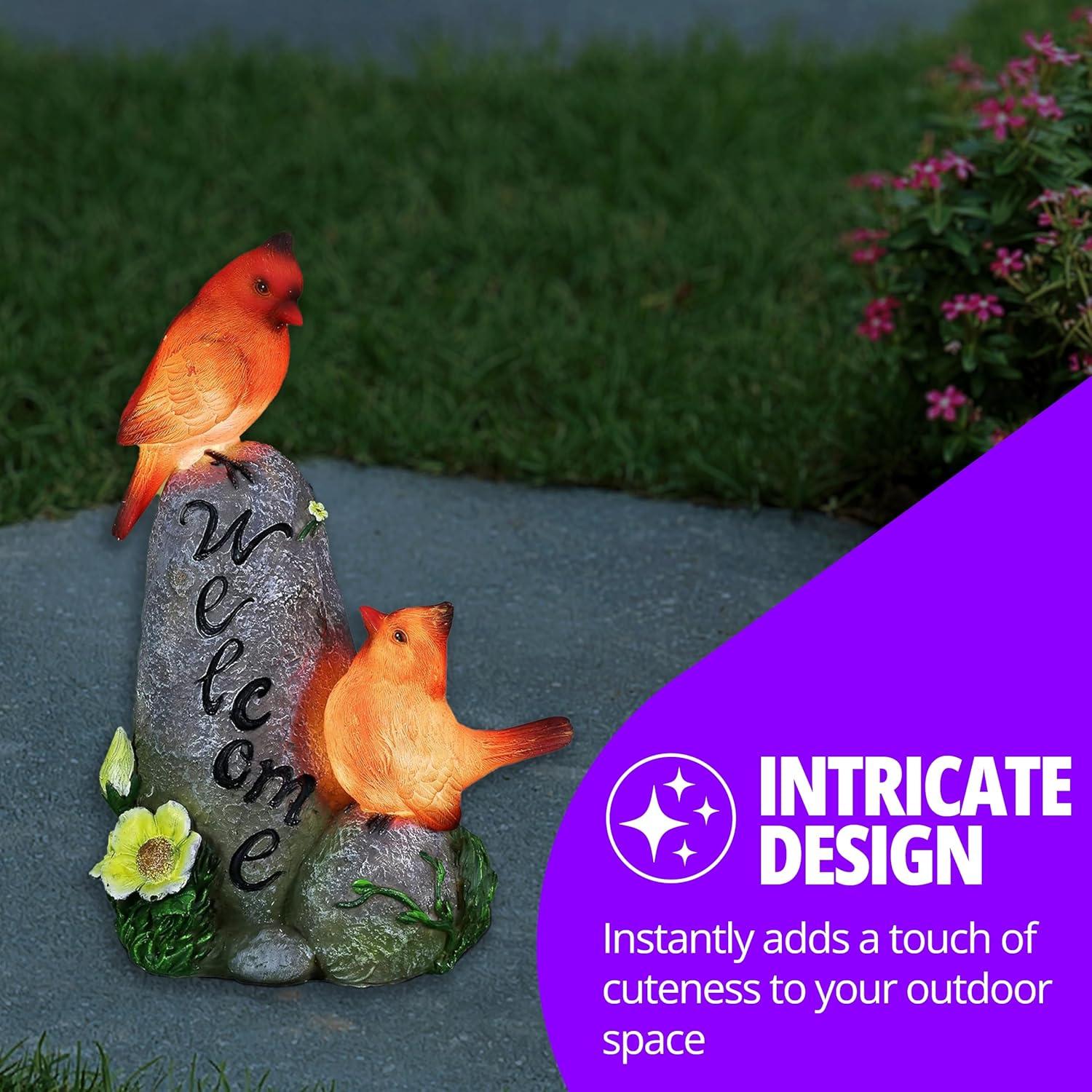 Exhart Exhart Solar Cardinals On A Hand Painted Welcome Rock Garden Statuary, 12 Inches