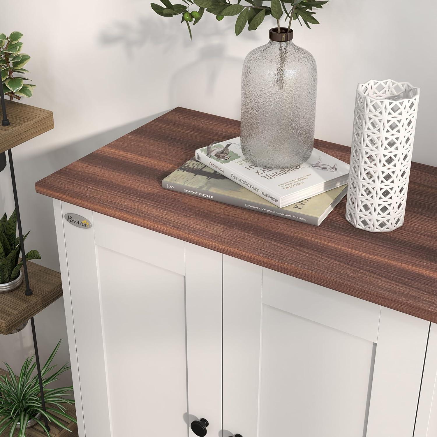 Awevsco Dog Feeding Station, Dog Food Storage Cabinet With Hidden Dog Bowls, Adjustable Panel, Hooks, For Medium Sized Dogs, White