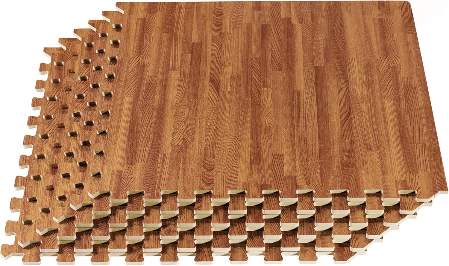 Forest Floor 5/8 Inch Thick Printed Foam Tiles, Premium Wood Grain Interlocking Foam Floor Mats, Anti-Fatigue Flooring, Mahogany, 24 Sq Ft