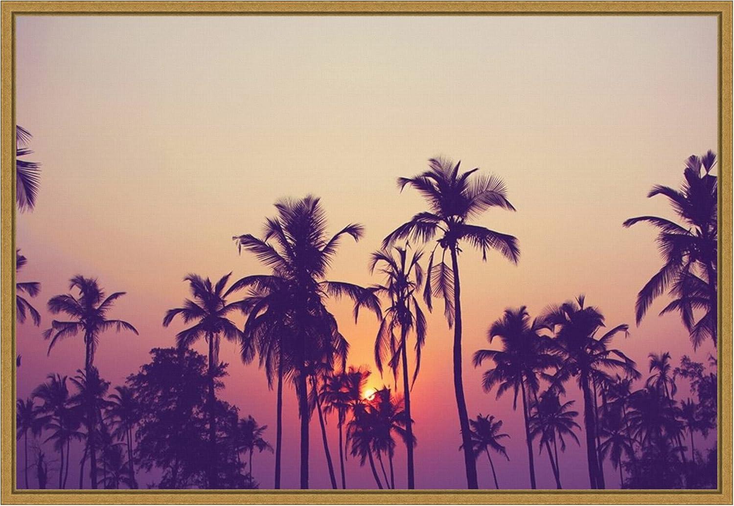 Sunrise Palm Grove Framed Canvas Print in Purple and Gold