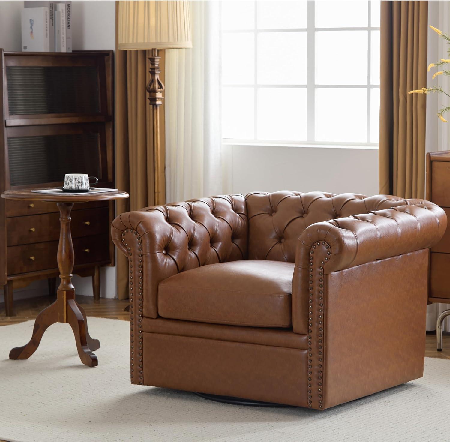 Christopher Knight Home Swivel Scrolled Armchair, Nailhead Accent Chair, Comfortable Single Sofa Chair with Tufted Button Backrest Design, Cognac