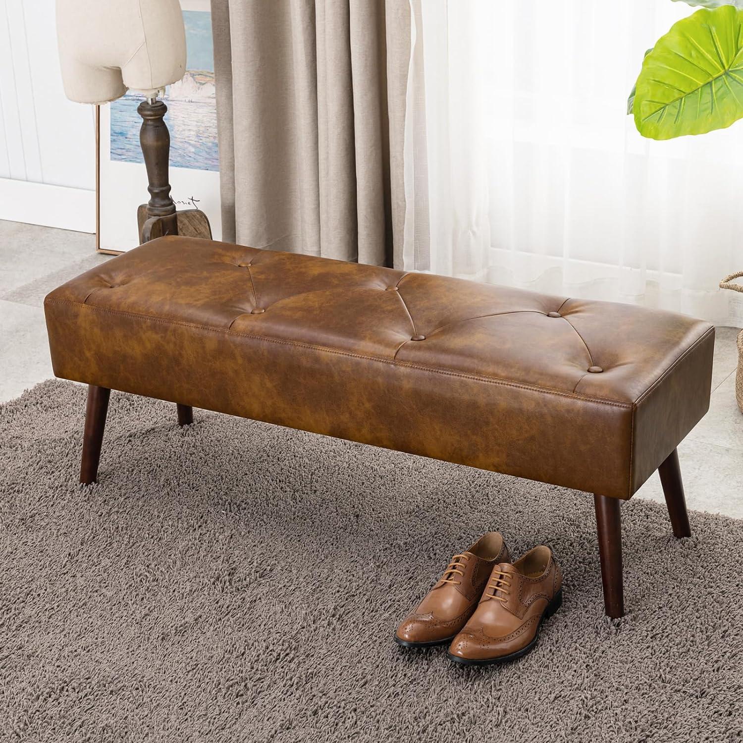 44-Inch Brown Tufted Leather Bench with Tapered Wood Legs