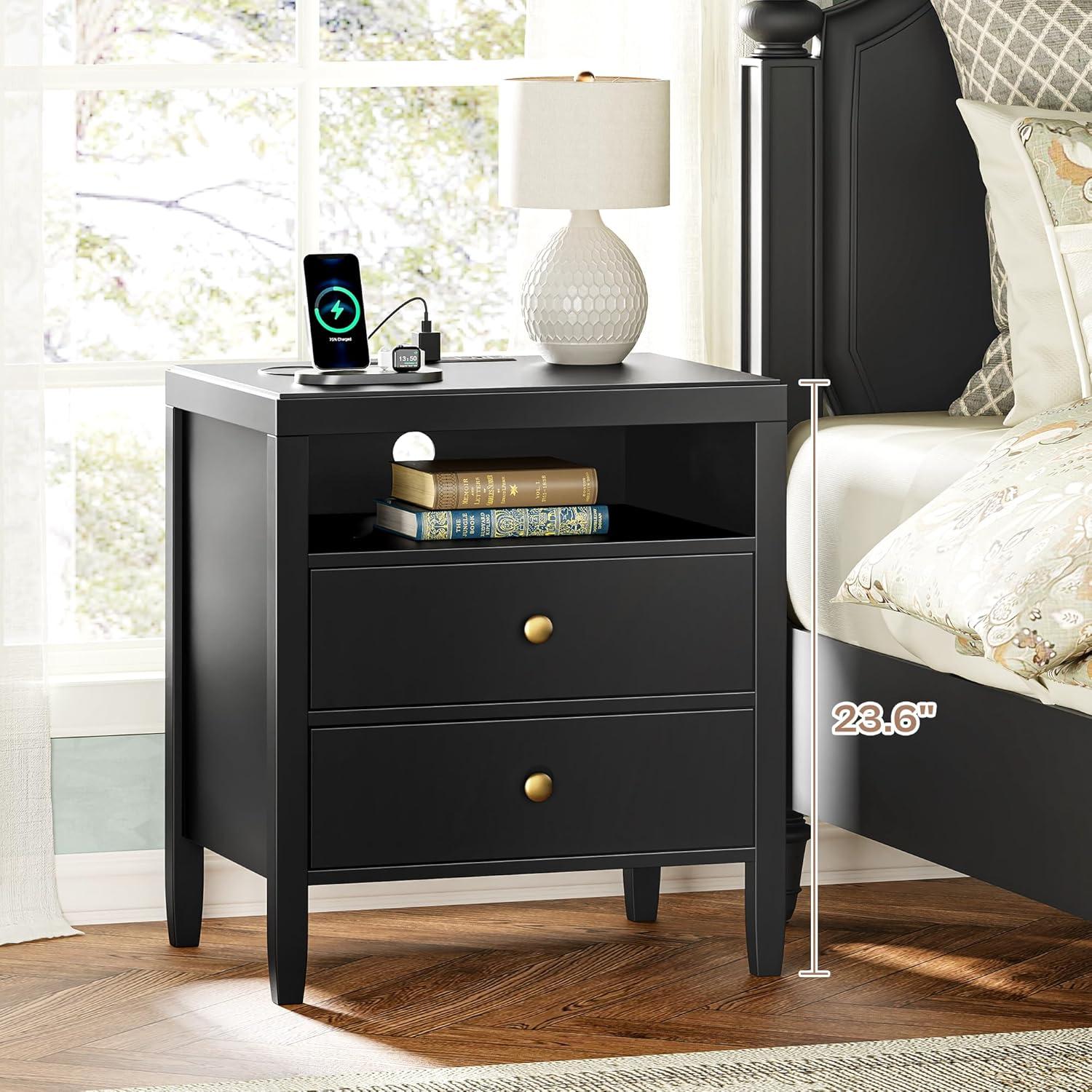 Nightstand with Charging Station, Bedside Table with USB & Type-C Port, Modern End Table with 2 Drawers for Bedroom Furniture, Black