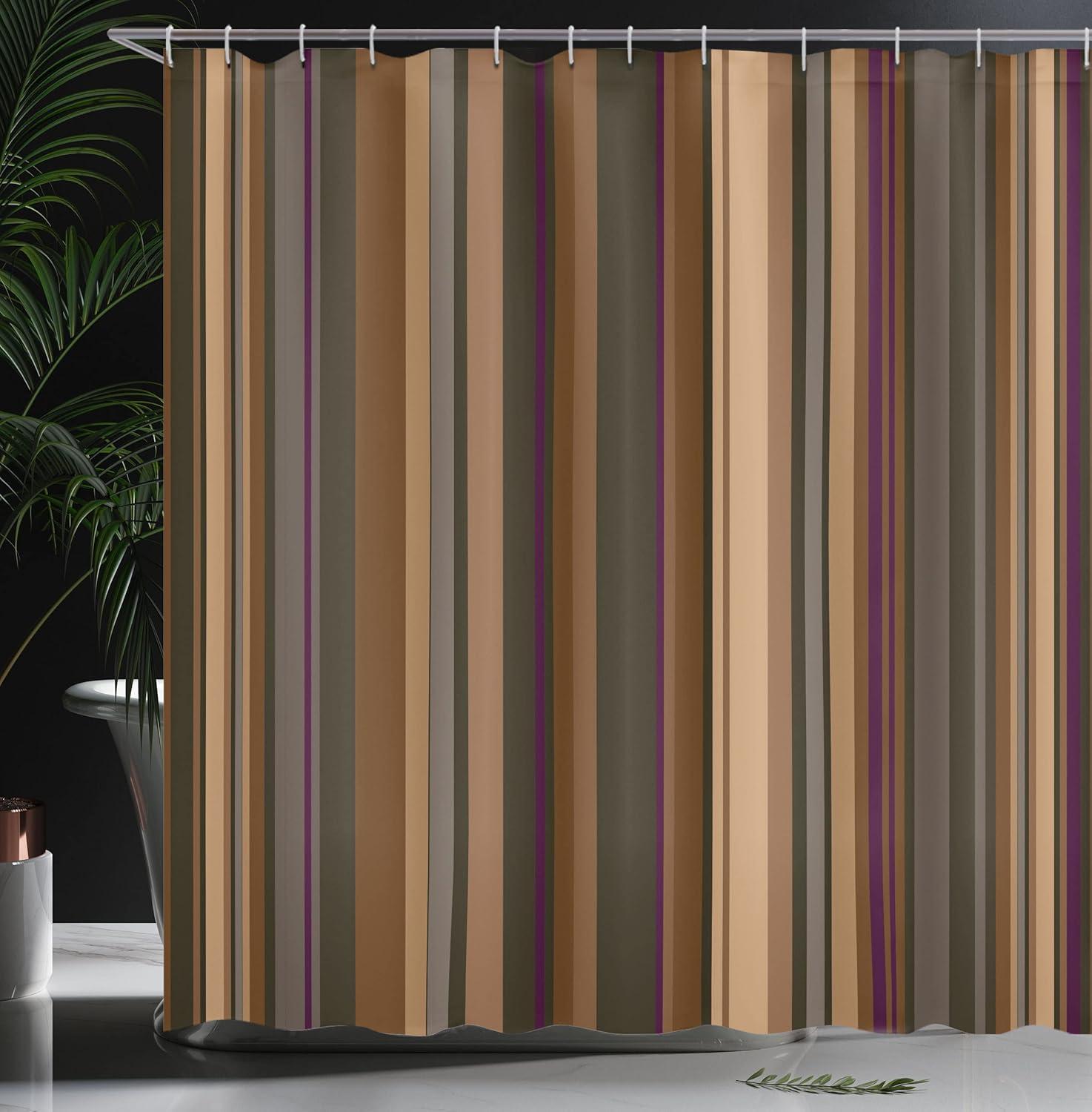 Abstract Shower Curtain, Retro Vertical Striped Background in Different Shades of Earthen Tones Image, Fabric Bathroom Set with Hooks, 69W X 70L Inches, Tan and Brown, by Ambesonne