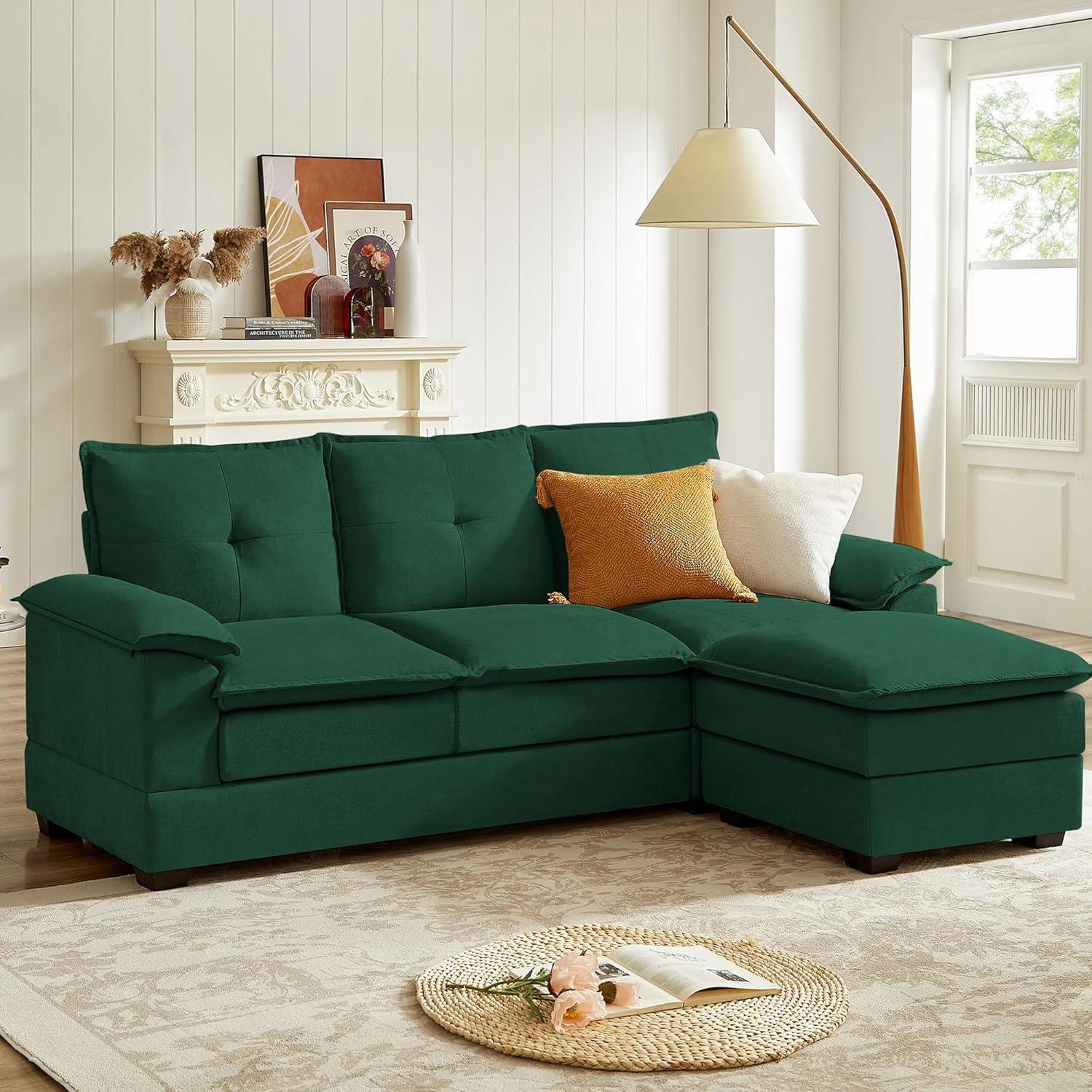 82" Convertible Sectional Sofa, L-Shaped Comfy Cloud Couch with Reversible Chaise and Padded Armrests, Modern Polyester 3 Seat Sofa Couches for Living Room (Green)