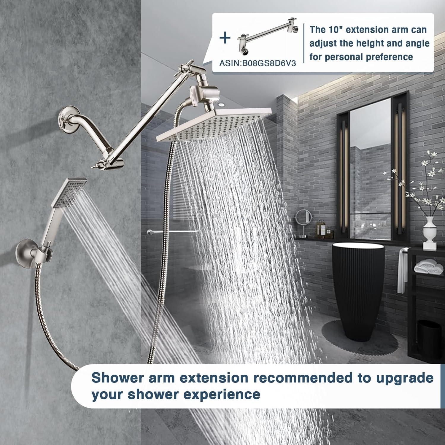 BRIGHT SHOWERS Rain Shower head with Handheld Spray 5 ft. Shower Hose Combo Includes Wall Mount Suction Bracket, 3-Way Water Diverter Mount (8 Inch Square, Brushed Nickel)