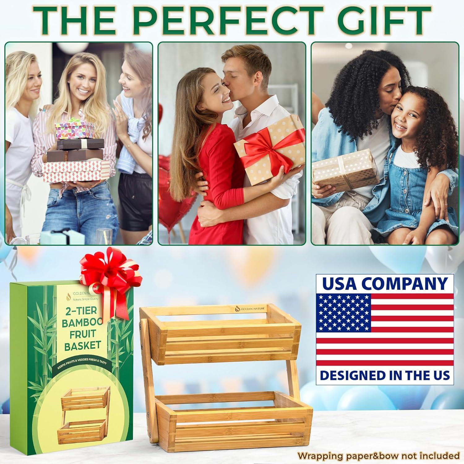 Bamboo Basket for Kitchen Counter Fruit & Vegetable Storage, Two Tier Wooden Fruit Bowl by Golden Nature