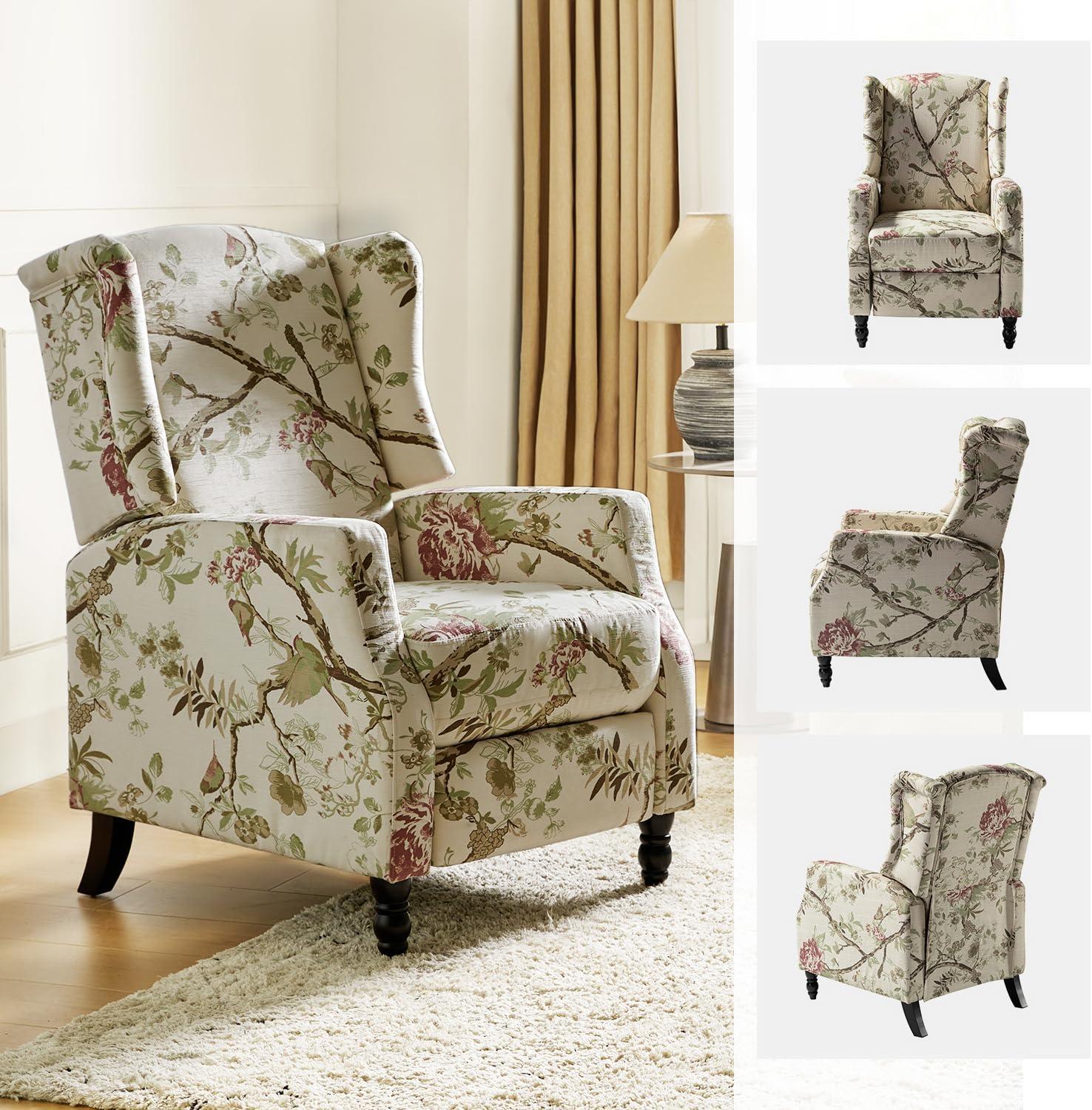 Fabric Wingback Manual Recliner Set of 2 Traditional Push Back Upholstered Armchair Sofa Home Theater Living Room Bird