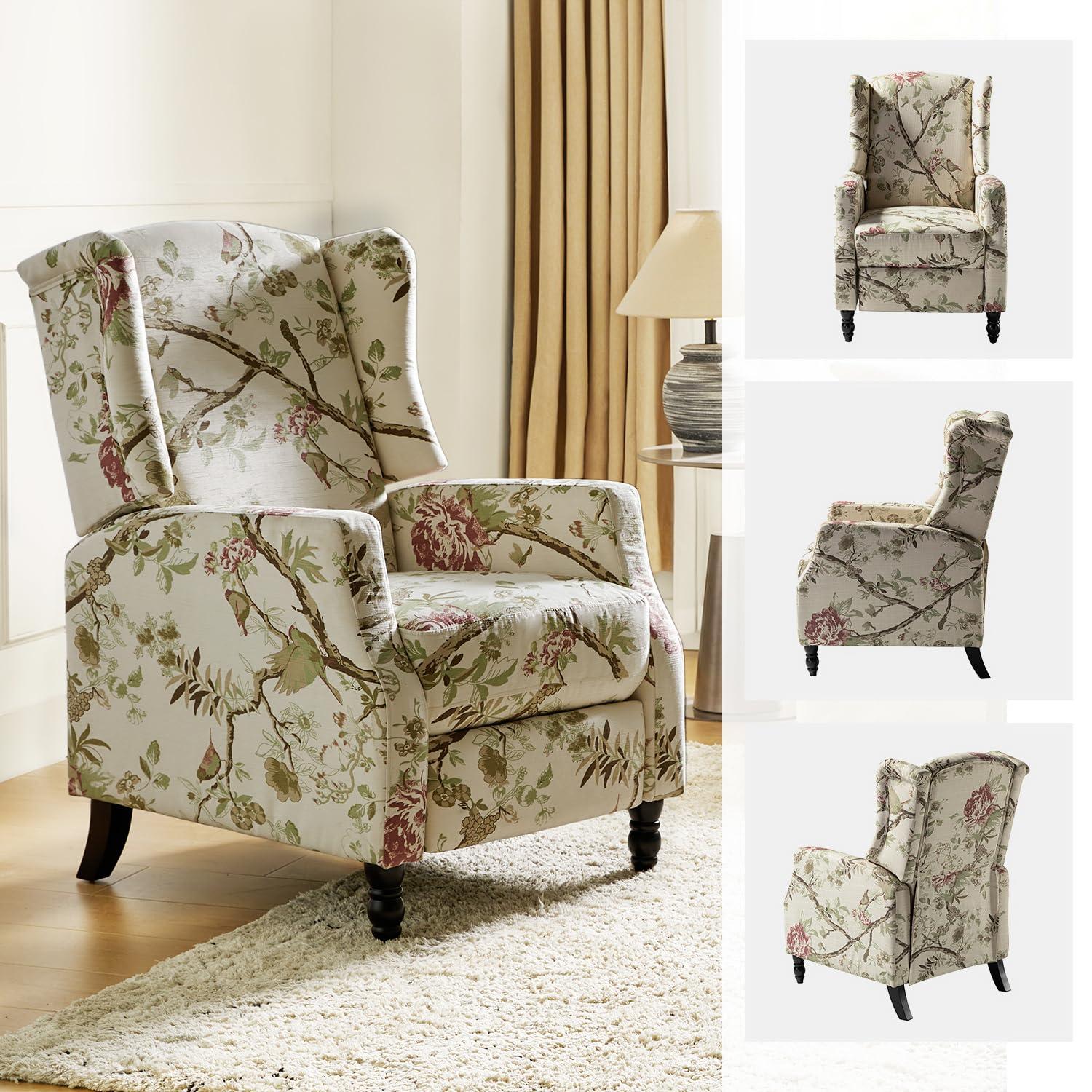 Fabric Wingback Manual Recliner Chair Set of 2 Traditional Push Back Upholstered Home Theater Living Room Bird