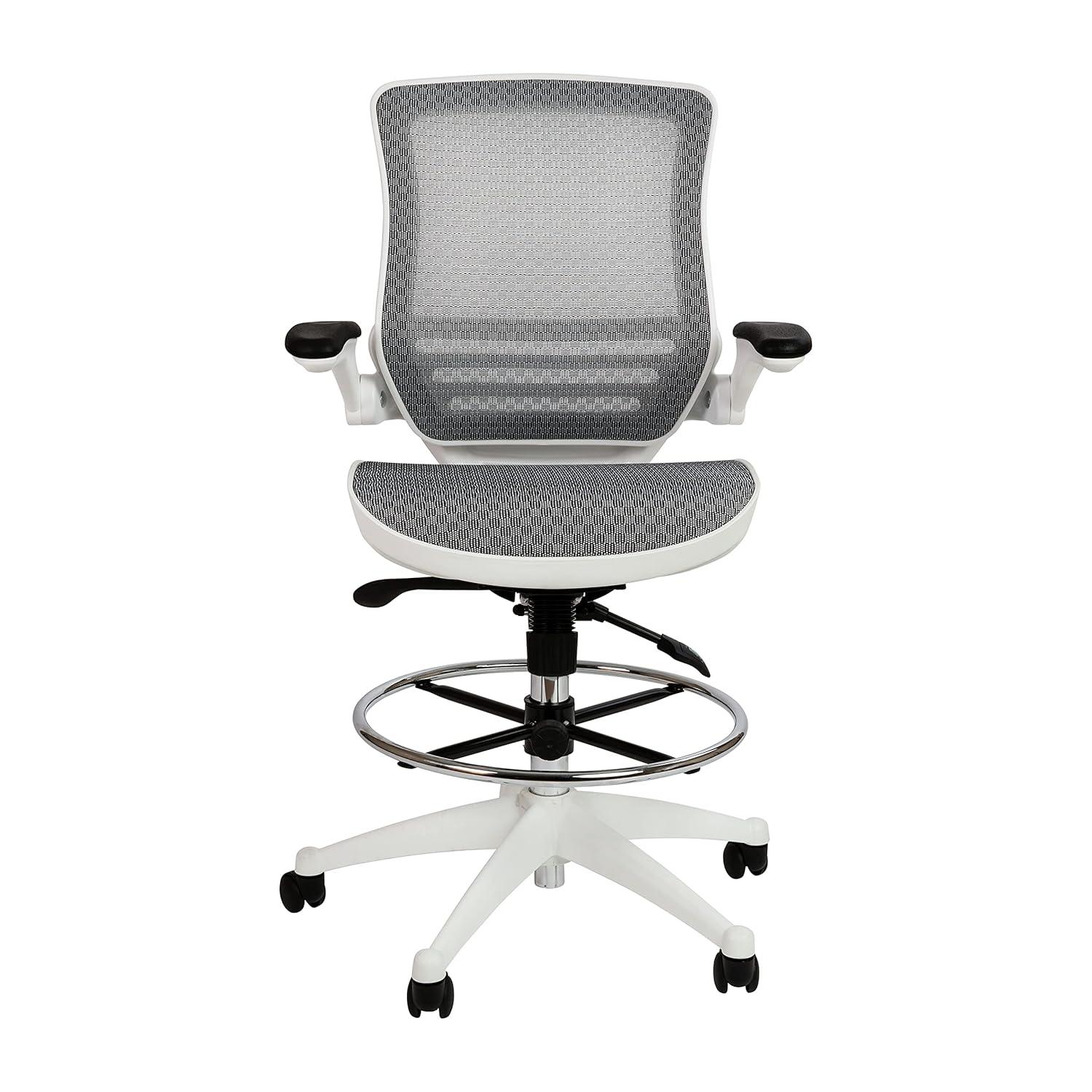 Emma and Oliver Gray Mid-Back Mesh Drafting Chair with White Frame and Flip-Up Arms