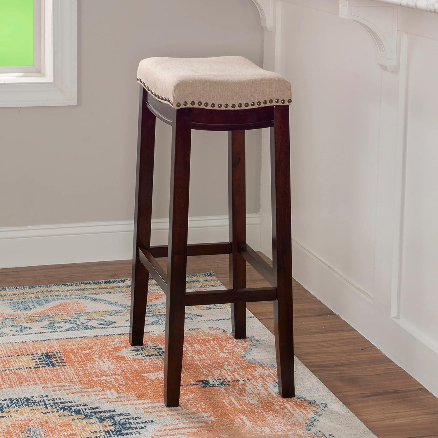 Linon Claridge Backless Wood Counter Stool, 26" Seat Height, Dark Walnut Finish with Beige Linen Fabric