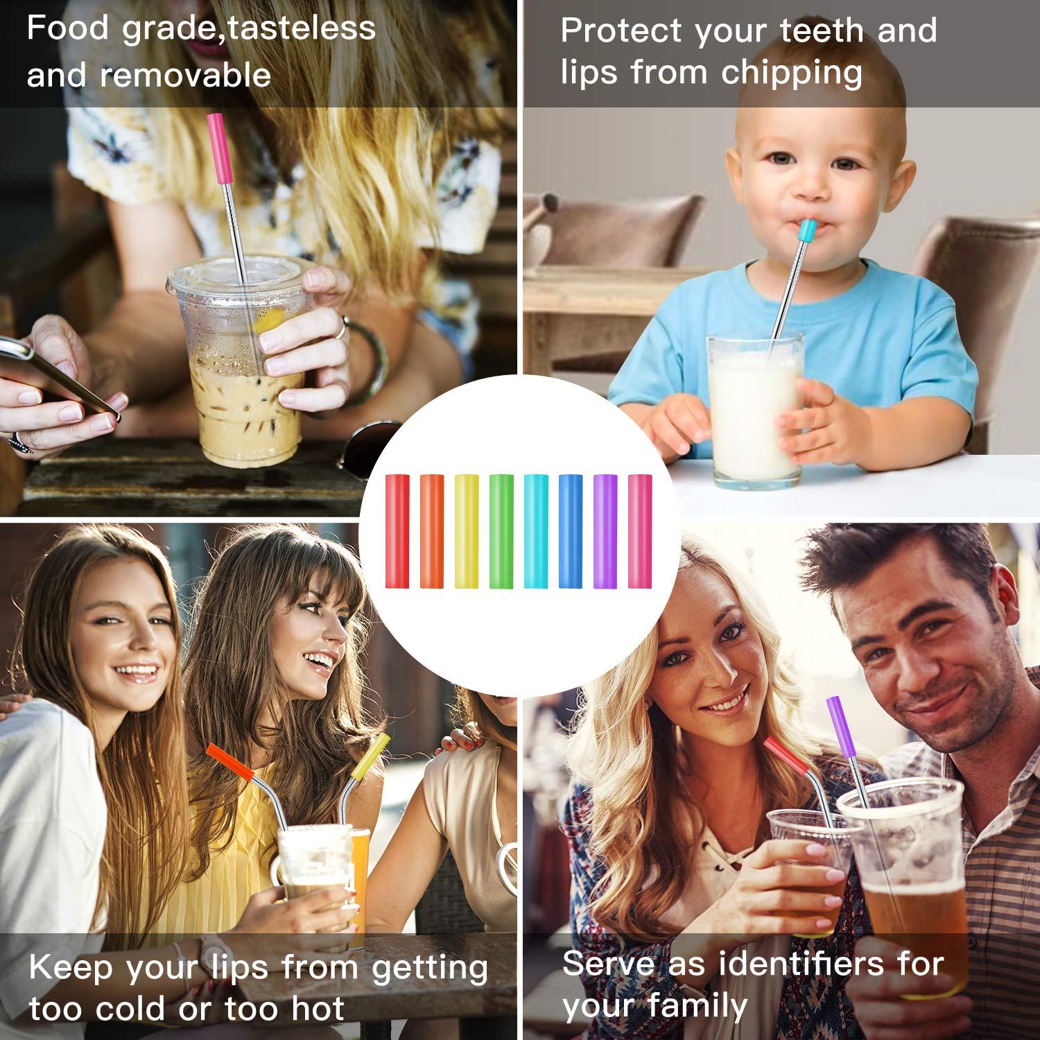 Set of 16 Reusable Stainless Steel Straws with Travel Case Cleaning Brush Silicone Tips Eco Friendly Extra Long Metal Straws Drinking for 20 24 30 oz Fit Yeti Tervis Rtic Tumbler (Silve) r