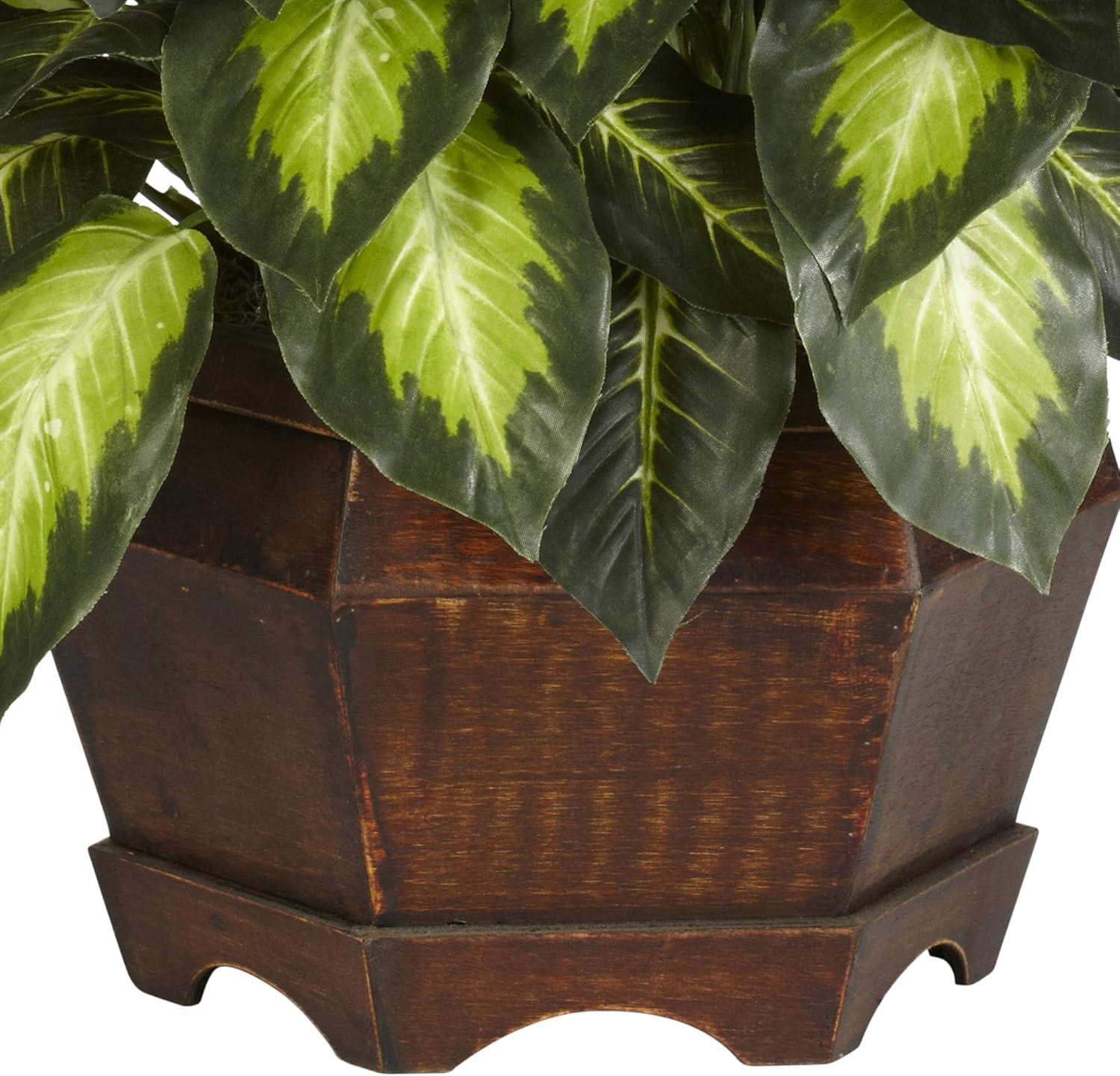 Nearly Natural 24" x 24" Artificial Golden Dieffenbachia Silk Plant in Wooden Pot : Faux Dieffenbachia Decor