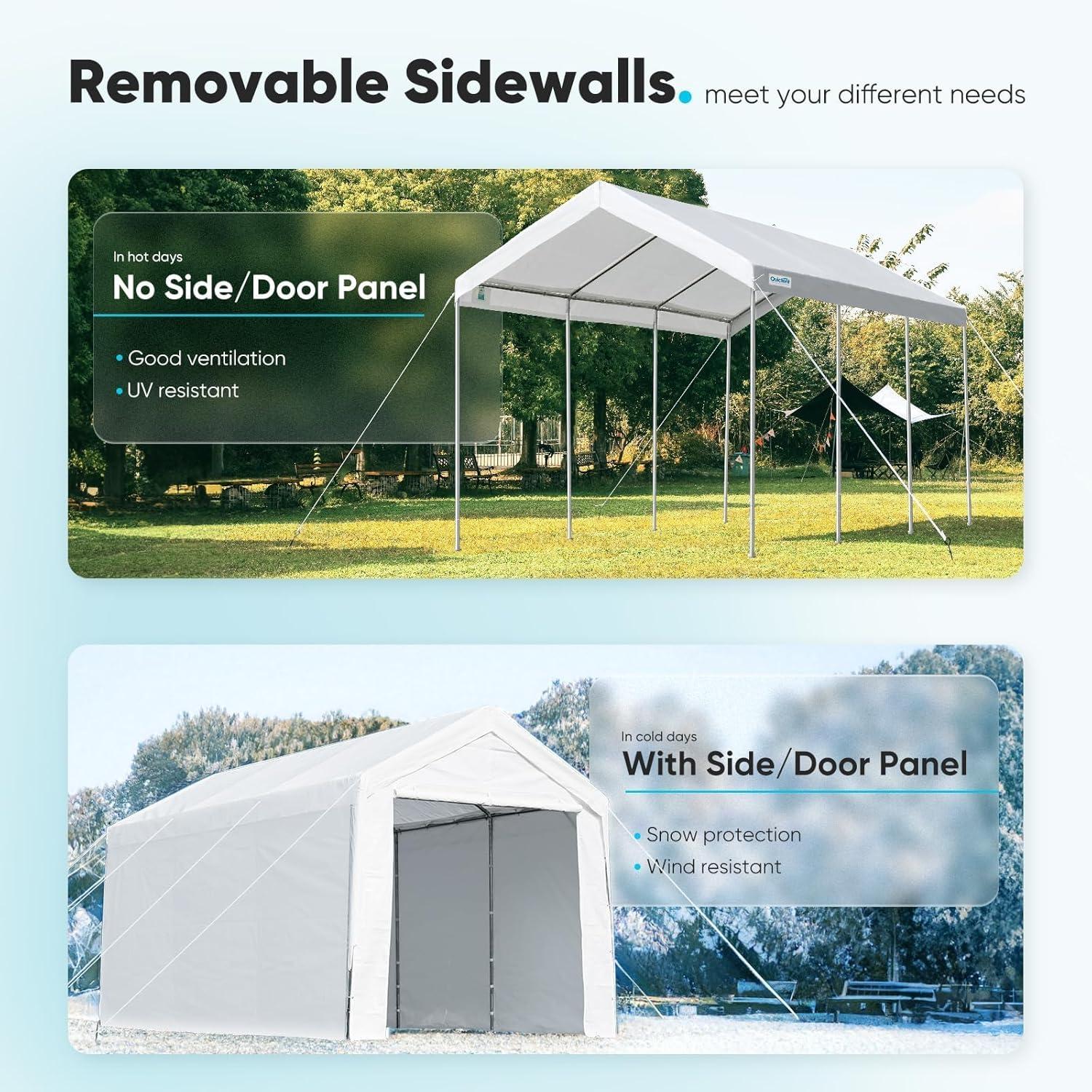 ADVANCE OUTDOOR 12x20 ft Extra Large Heavy Duty Carport with Sidewalls and Doors, Adjustable Height from 9.5 ft to 11 ft, Car Canopy with 8 Reinforced Poles and 4 Sandbags, White