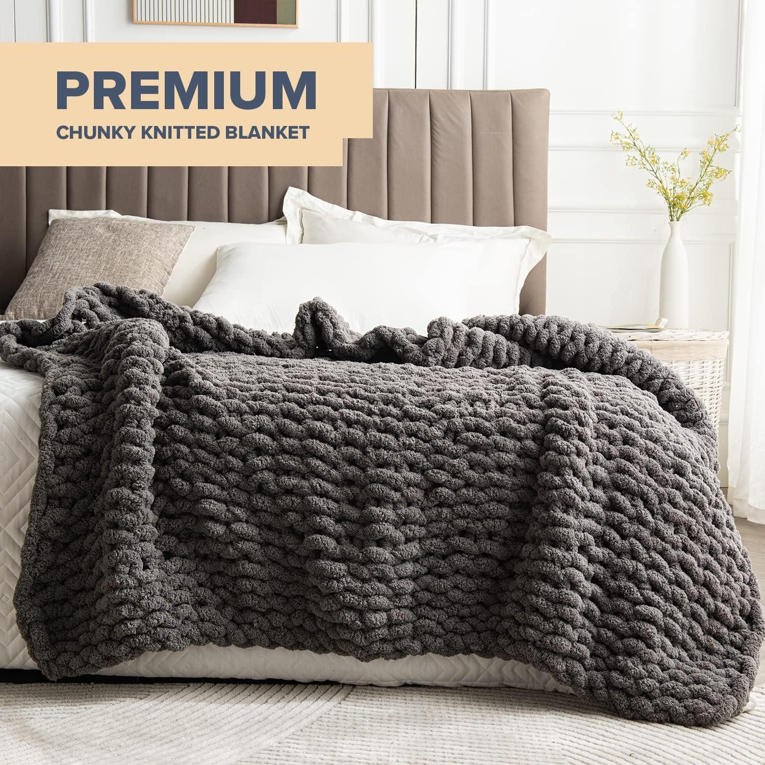 Slate Grey Chunky Knit Wool Throw Blanket 50" x 60"