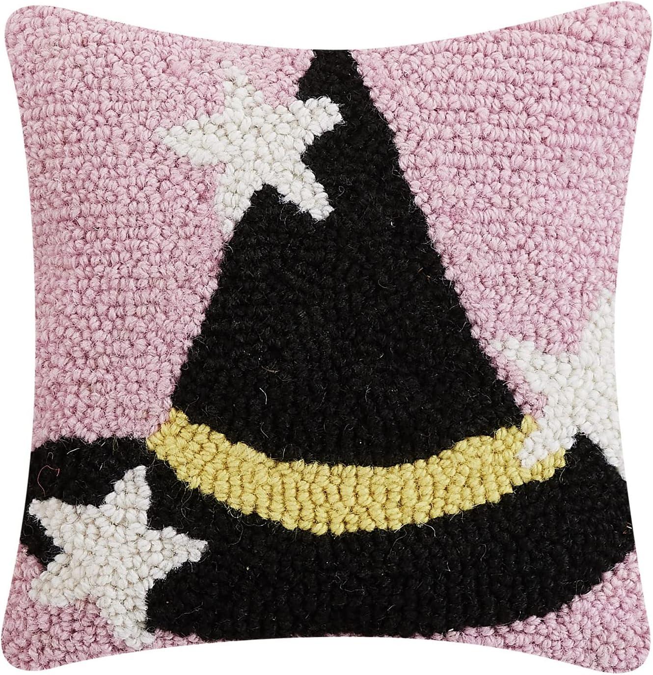 Peking Handicraft Witch Hat with Stars Halloween Polyfill Hook Throw Pillow, 10-inch Square, Wool and Poly Velvet, Holiday Seasonal Decoration