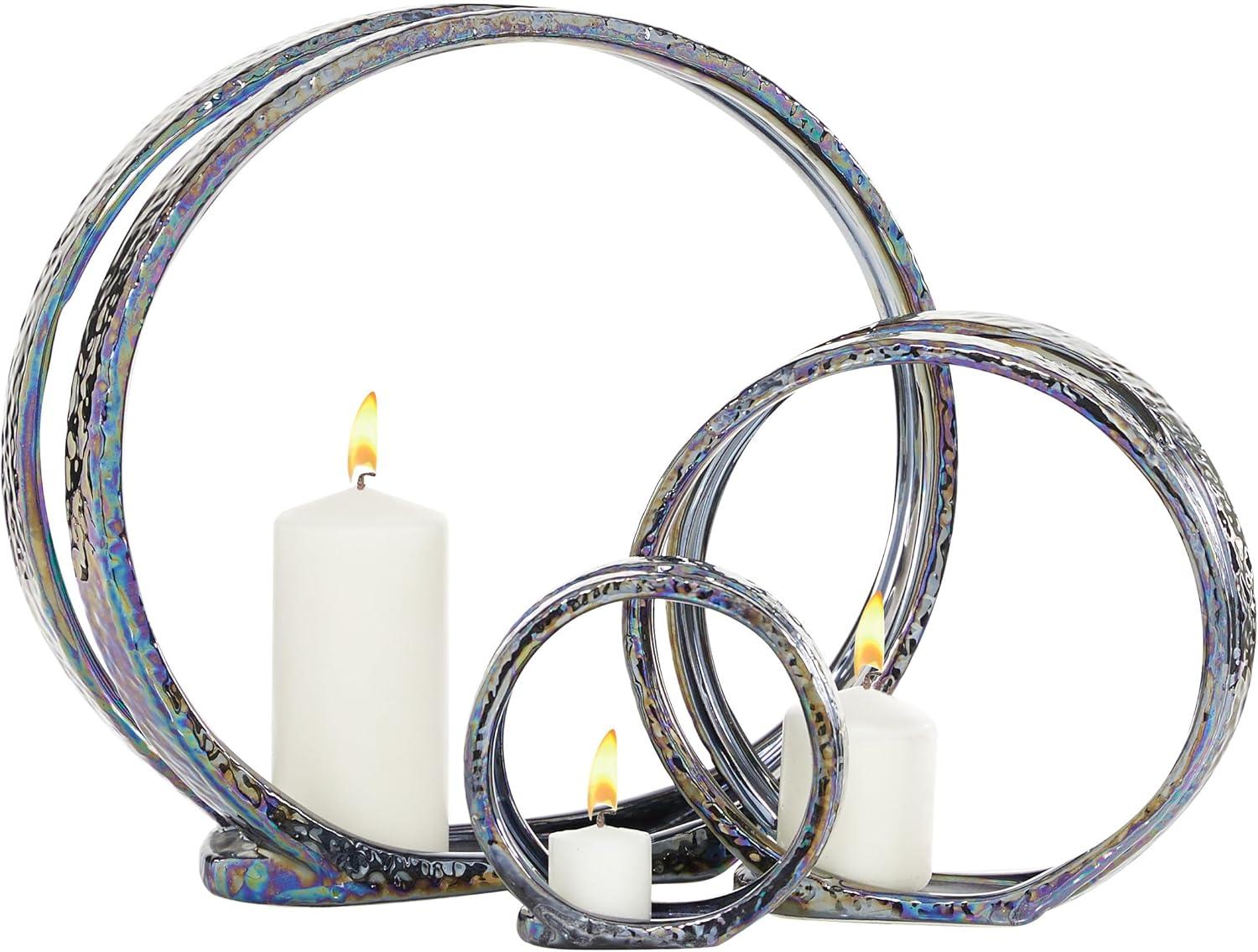 Set of 3 Glam Kaleidoscopic Candle Holders Silver - Olivia & May: Elegant Centerpiece, Metallic Finish