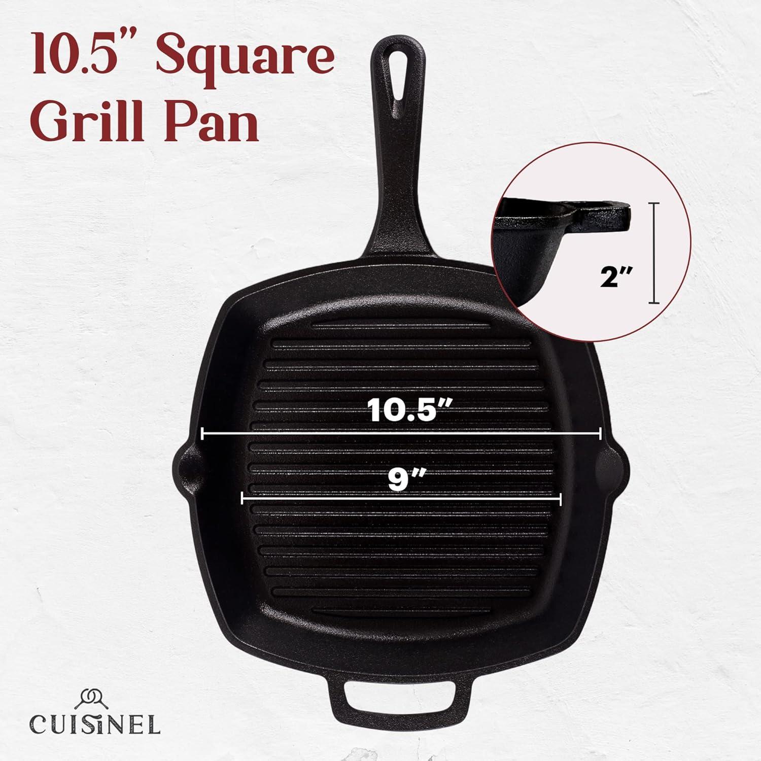 Cuisinel Pre-Seasoned Cast Iron Grill Pan with Glass Pan Lid & Pan Scraper, 10.5"