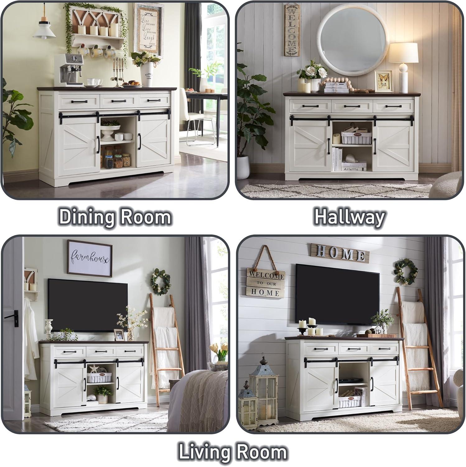 Buffet Cabinet, 53” Sideboard Cabinet w/3 Drawer, Rustic Storage Cabinet w/Sliding Barn Door, Coffee Bar for Dinning Room, Kitchen, Hallway, and Living Room, White
