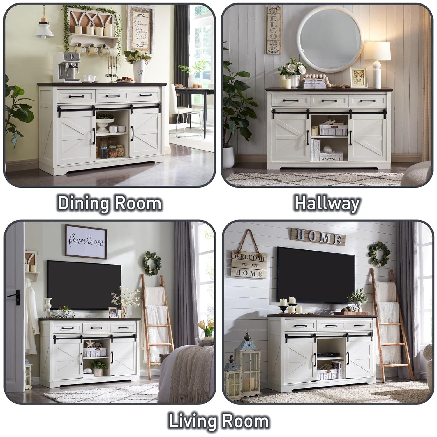 Buffet Cabinet, 53” Sideboard Cabinet w/3 Drawer, Rustic Storage Cabinet w/Sliding Barn Door, Coffee Bar for Dinning Room, Kitchen, Hallway, and Living Room, White