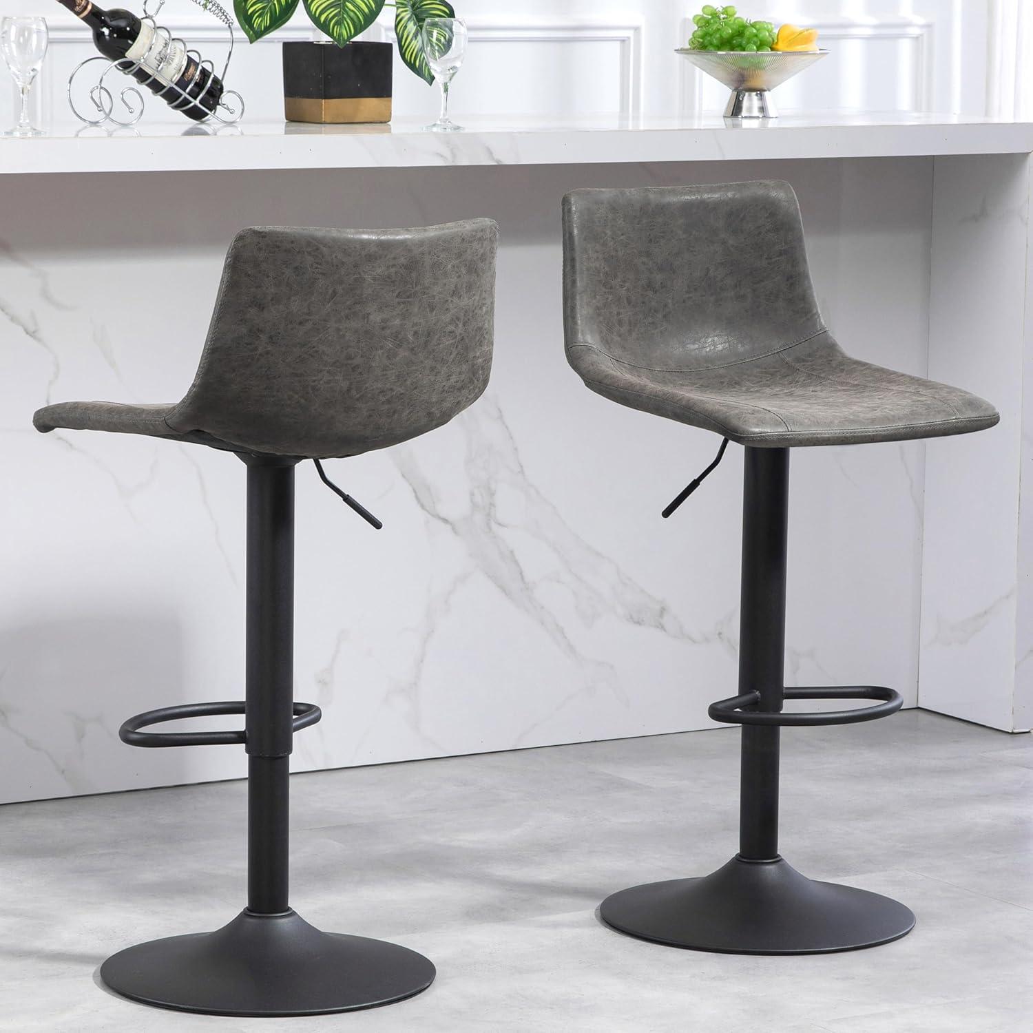 Adjustable Gray Leather Swivel Bar Stools with Metal Base, Set of 2