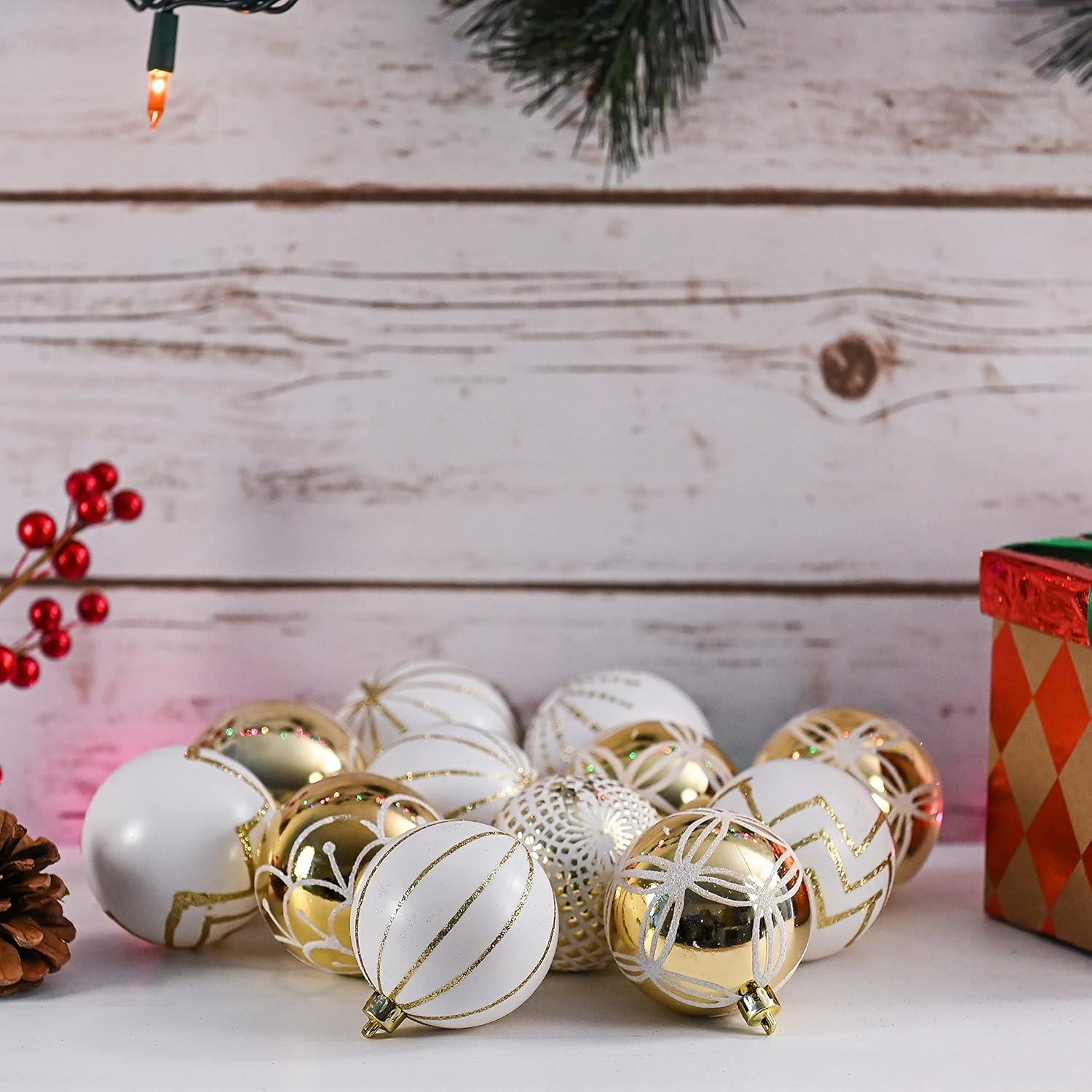 Gold and White Shatterproof Plastic Christmas Ball Ornaments Set