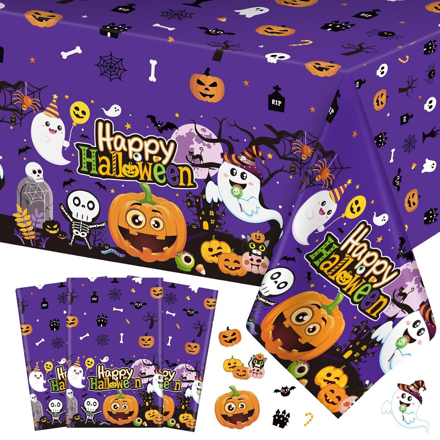 Juvale 3-Pack Halloween Table Cover for Party Supplies, Purple Disposable Plastic Tablecloth Decorations, Halloween Table Decorations for Themed Parties, Birthday Celebrations and More (54 x 108 In)