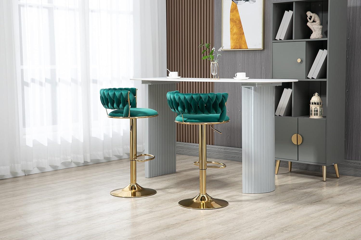 Emerald Green Velvet Adjustable Swivel Bar Stools with Gold Base, Set of 2